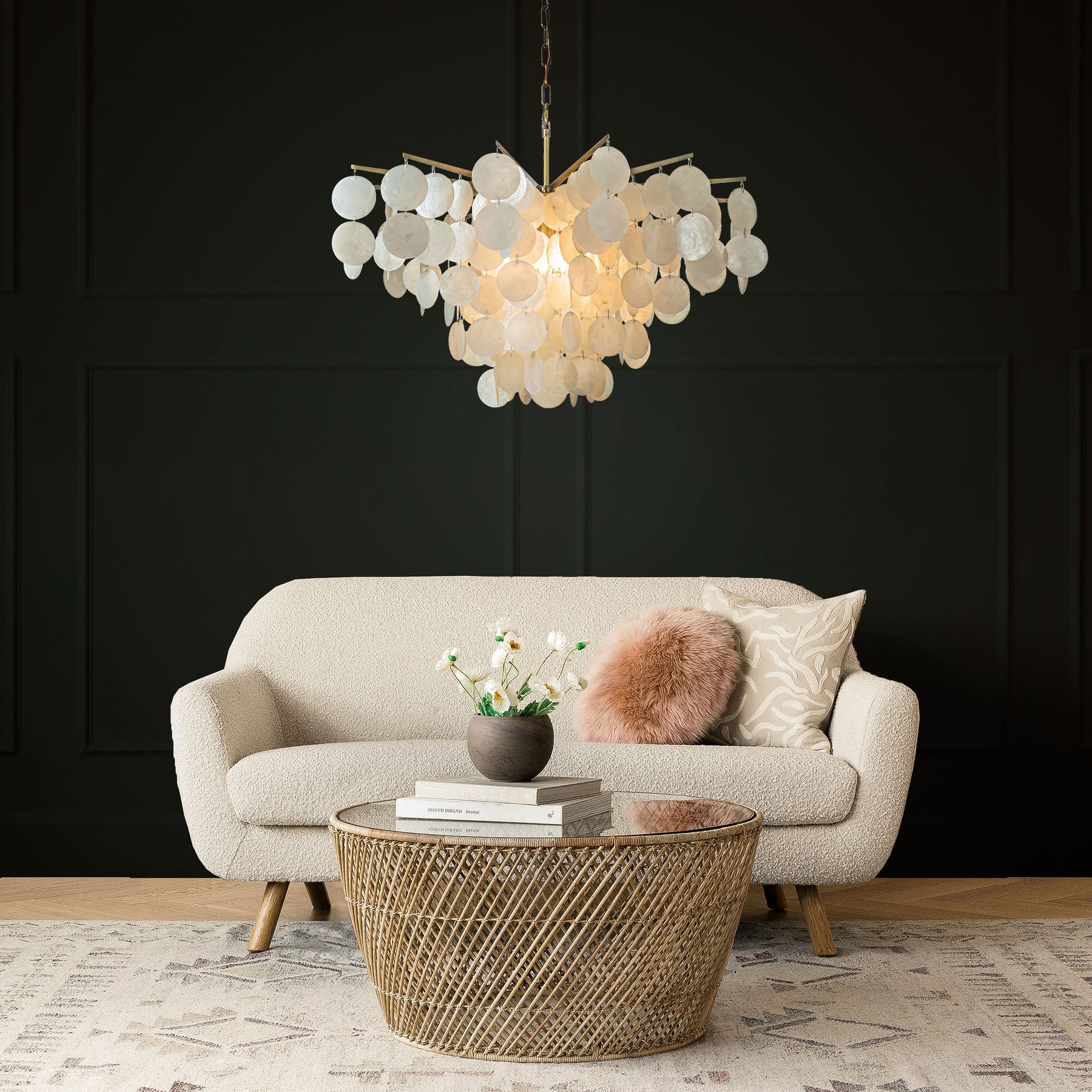 Cone Shape Coastal Capiz Shells Chandelier in Antique Gold
