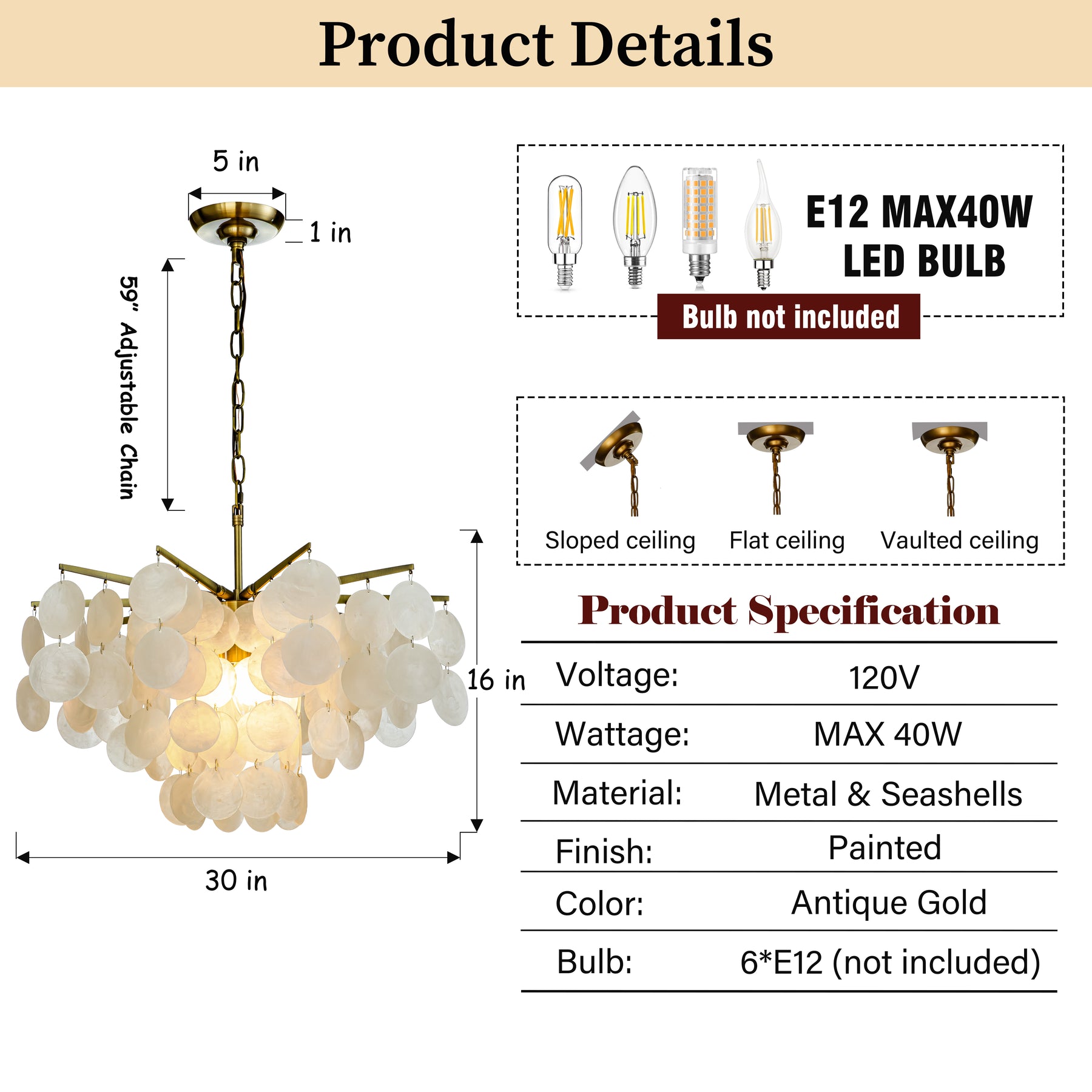 OPEN BOX-Cone Shape Coastal Capiz Shells Chandelier in Antique Gold