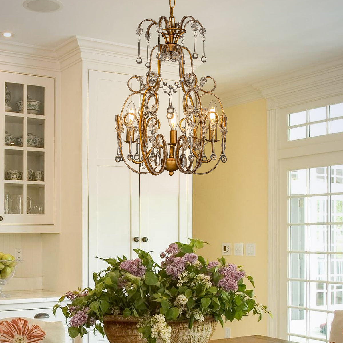 Open Box 3-Lights Mid-Century Antique Gold Traditional Candle Style Chandelier with Glass Droplets