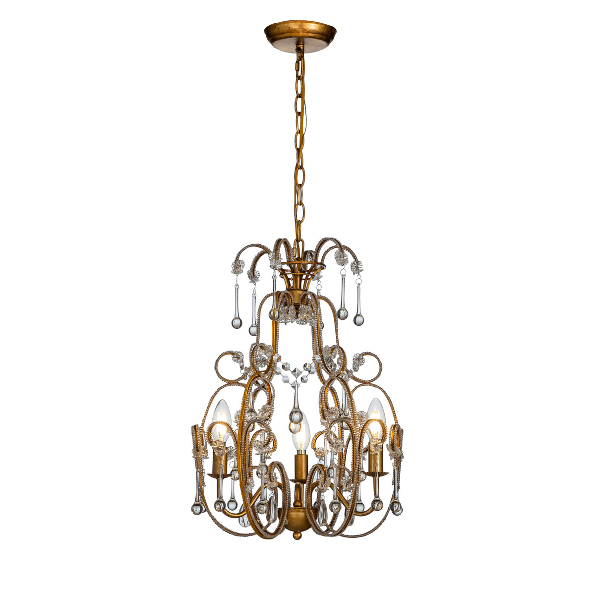 Open Box 3-Lights Mid-Century Antique Gold Traditional Candle Style Chandelier with Glass Droplets