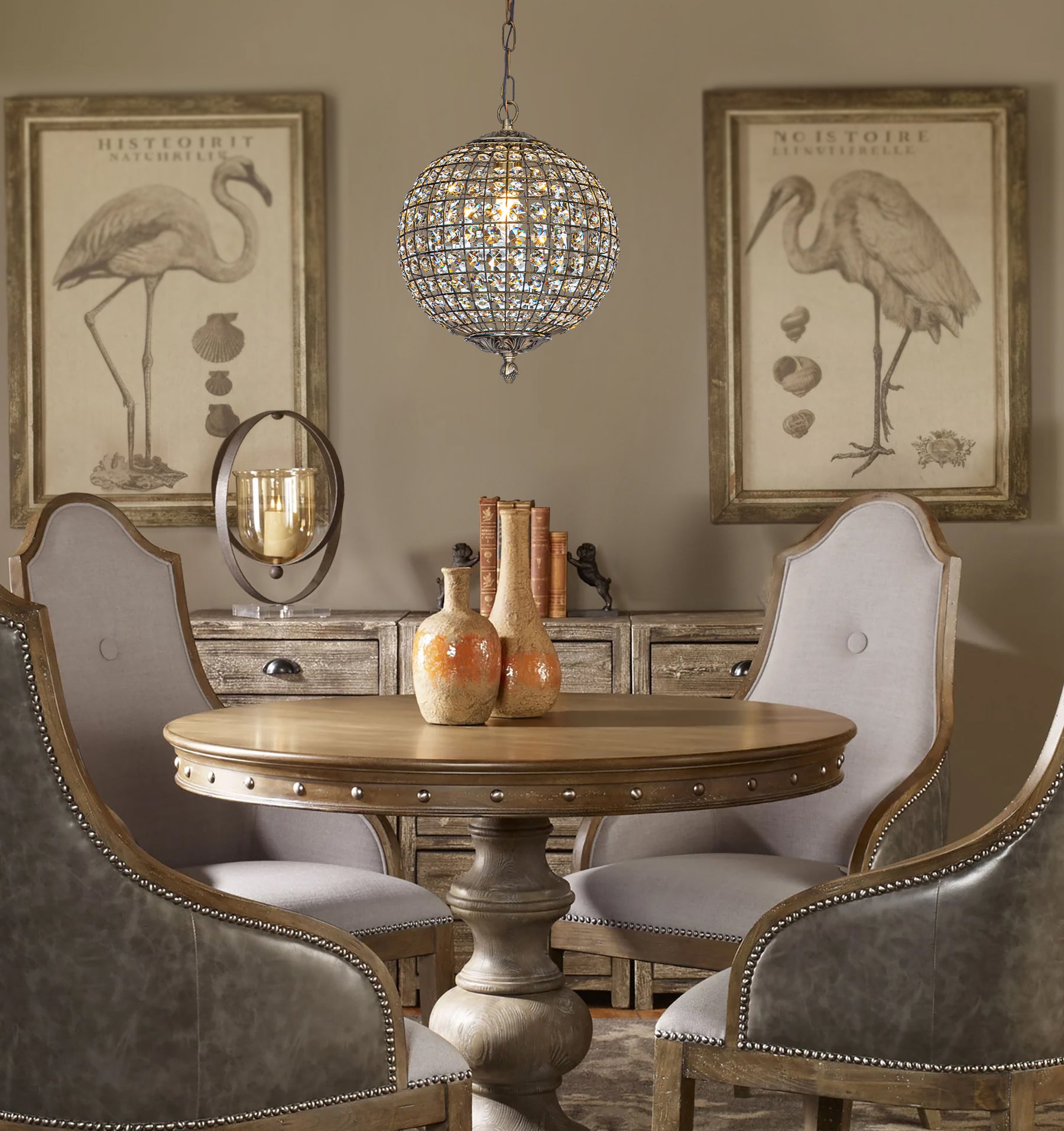 Retro Antique Gold Crystal Globe Pendant Chandelier