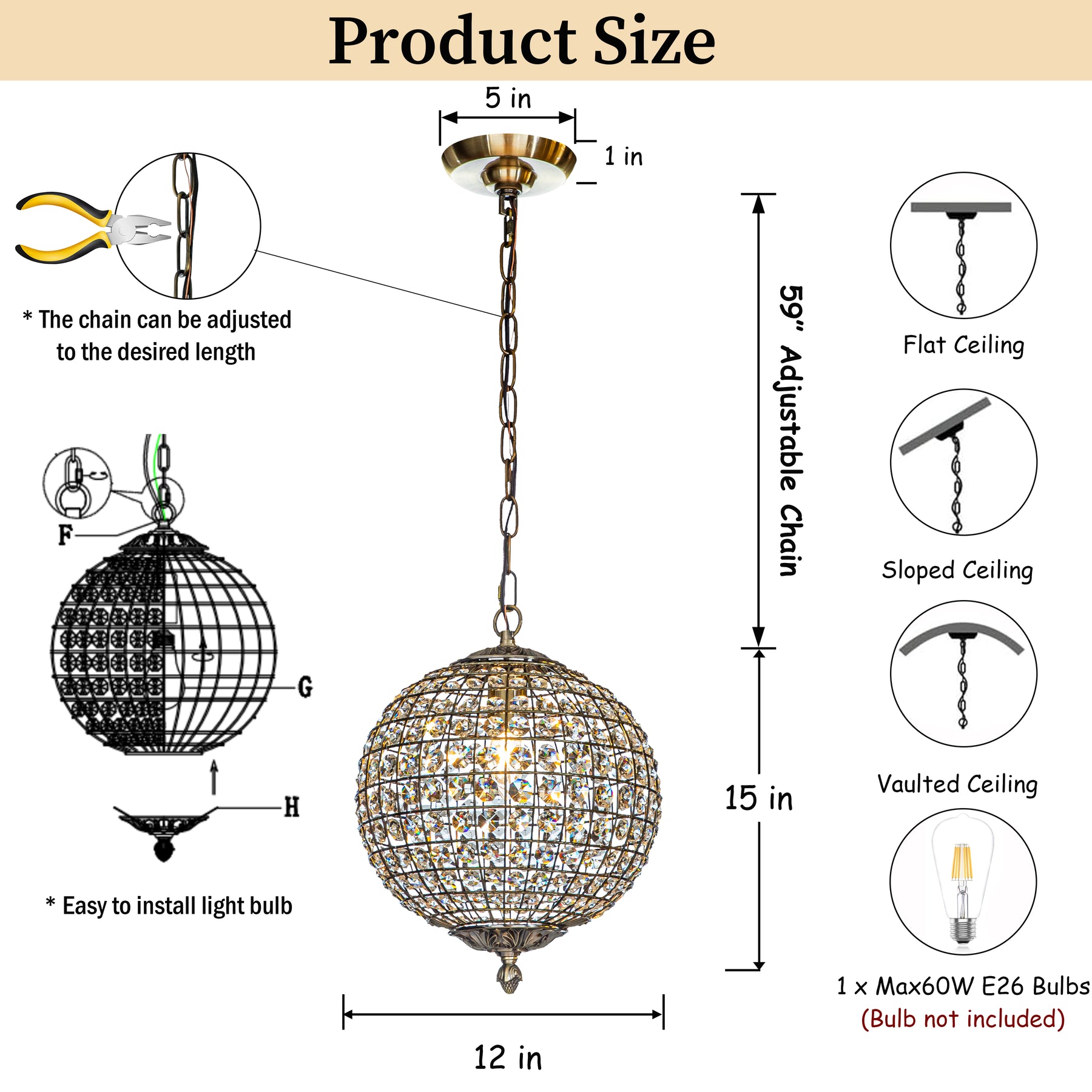 Retro Antique Gold Crystal Globe Pendant Chandelier