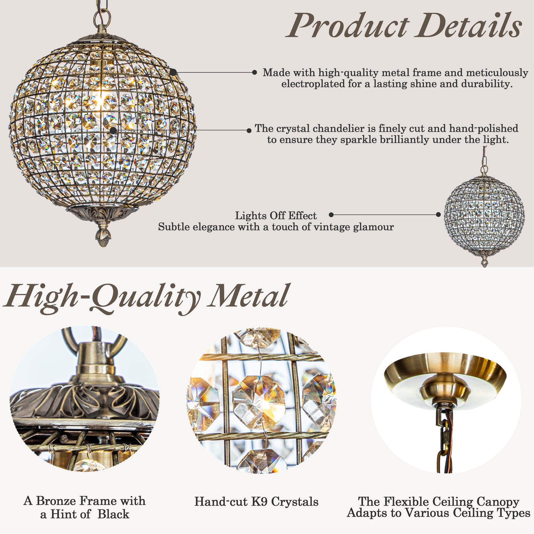 Retro Antique Gold Crystal Globe Pendant Chandelier