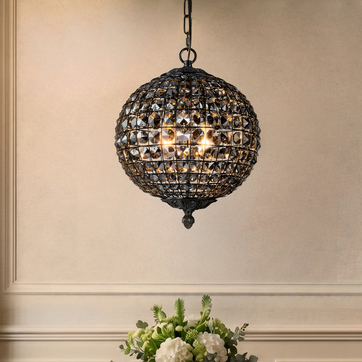Modern Glam 2-Light Smoke Crystal Black Globe Chandelier Pendant Light with Adjustable Chain for Dining Room and Entryway