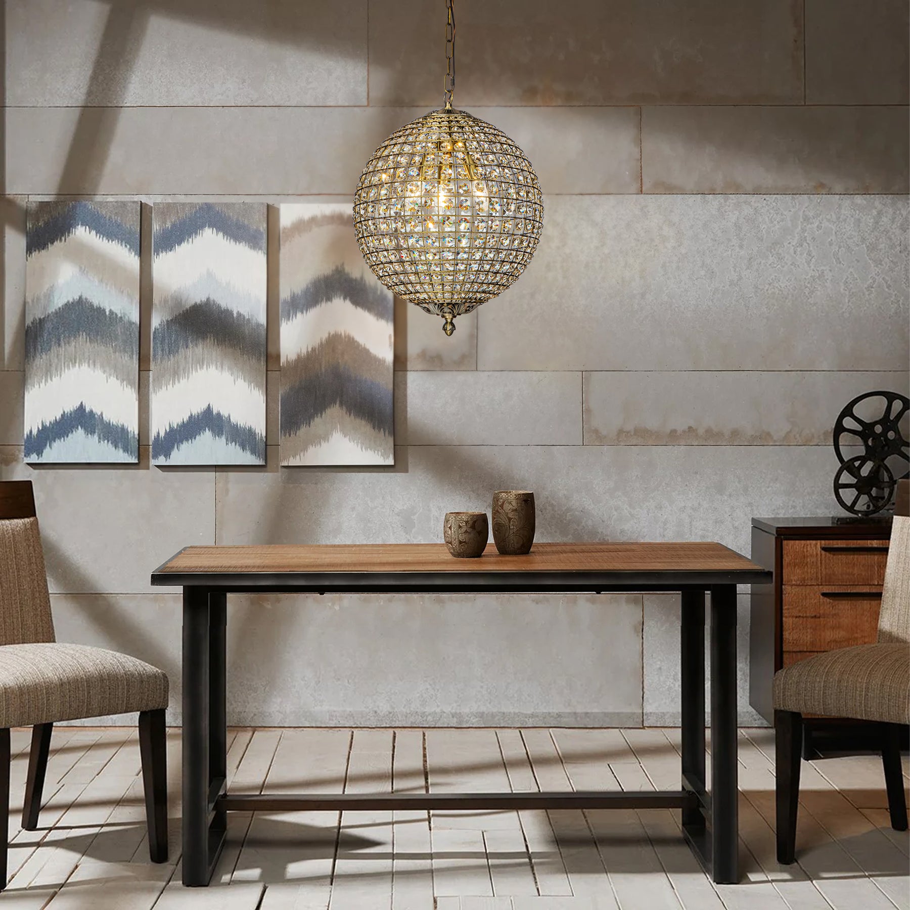 Retro Antique Gold Crystal Globe Chandelier