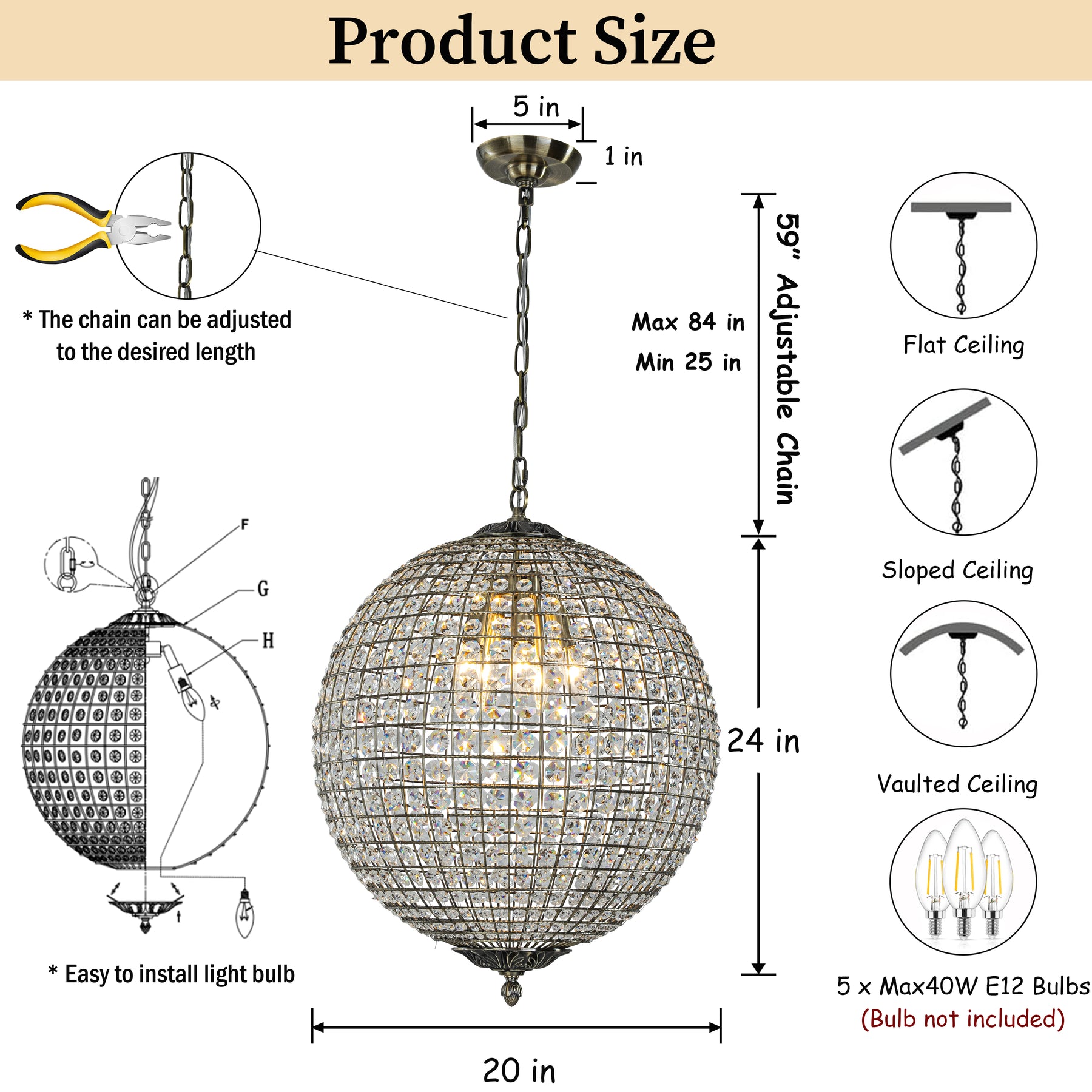 5 Lights W20 in Vintage Crystal Chandelier with Sphere Globle Shade in Antique Gold Retro Pendant Light