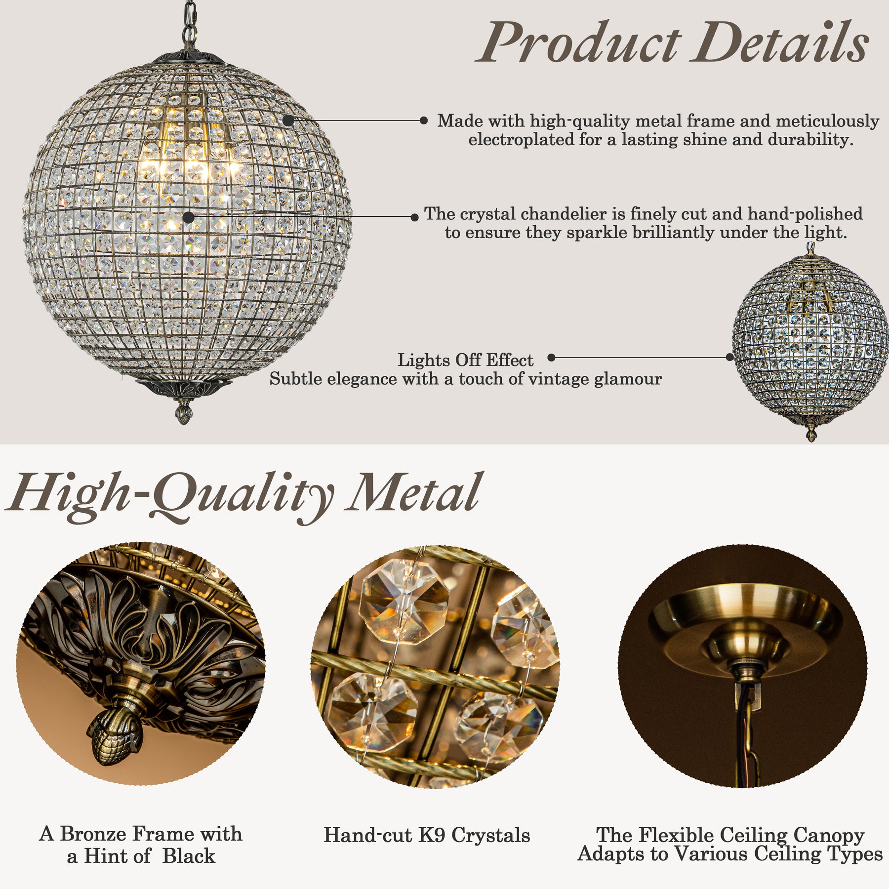 5 Lights W20 in Vintage Crystal Chandelier with Sphere Globle Shade in Antique Gold Retro Pendant Light