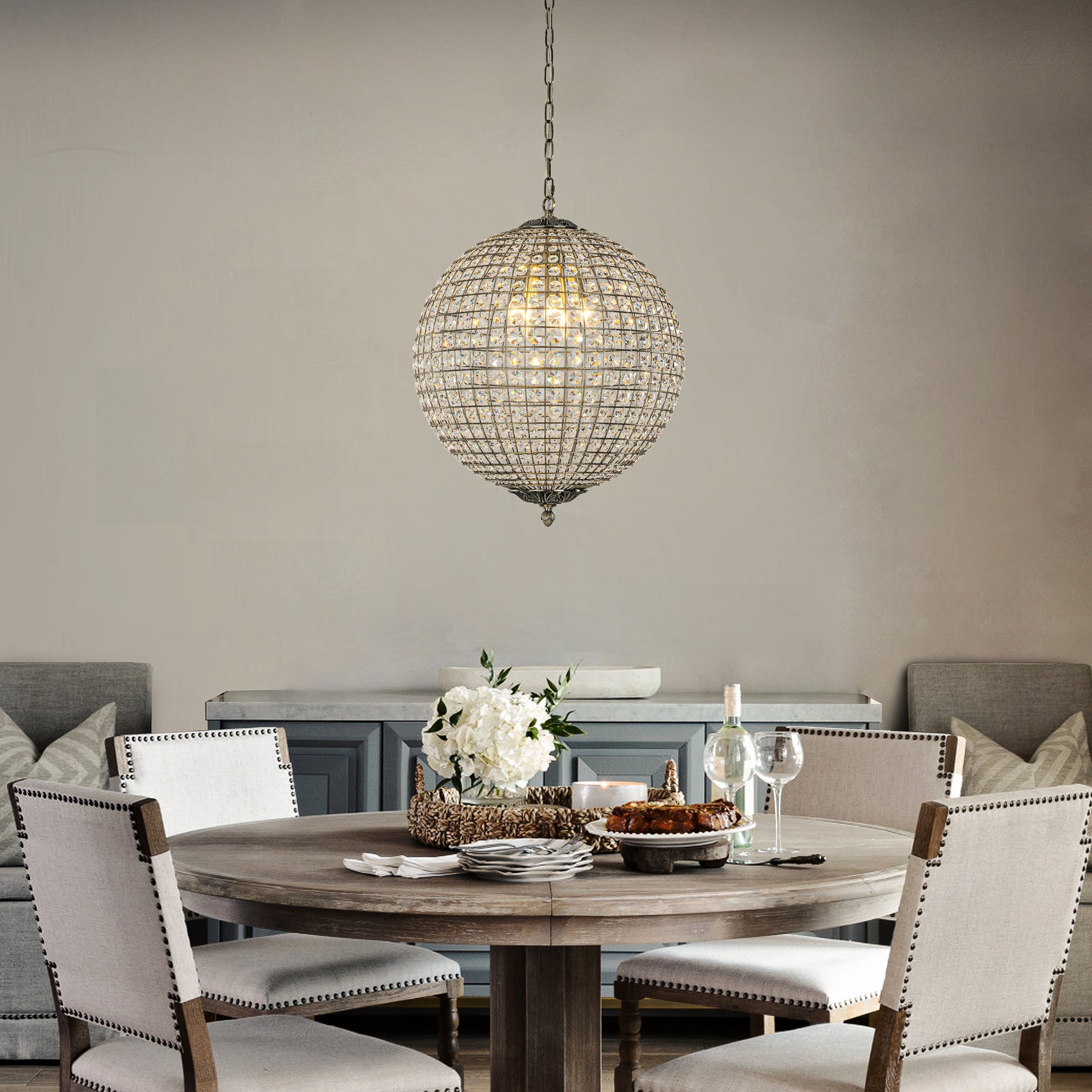 5 Lights W20 in Vintage Crystal Chandelier with Sphere Globle Shade in Antique Gold Retro Pendant Light