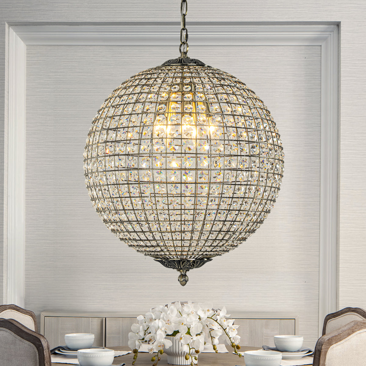 5 Lights W20 in Vintage Crystal Chandelier with Sphere Globle Shade in Antique Gold Retro Pendant Light