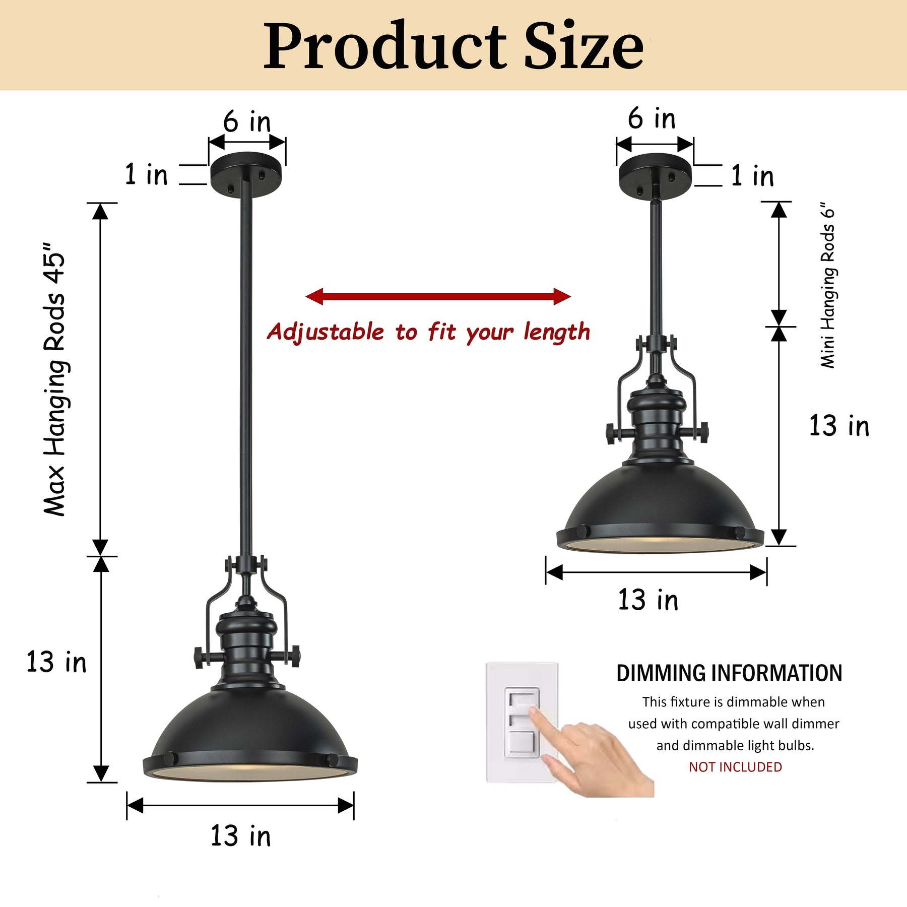 1-Light 13" Modern Industrial Matte Black Single Dome Pendant Light for Kitchen Island