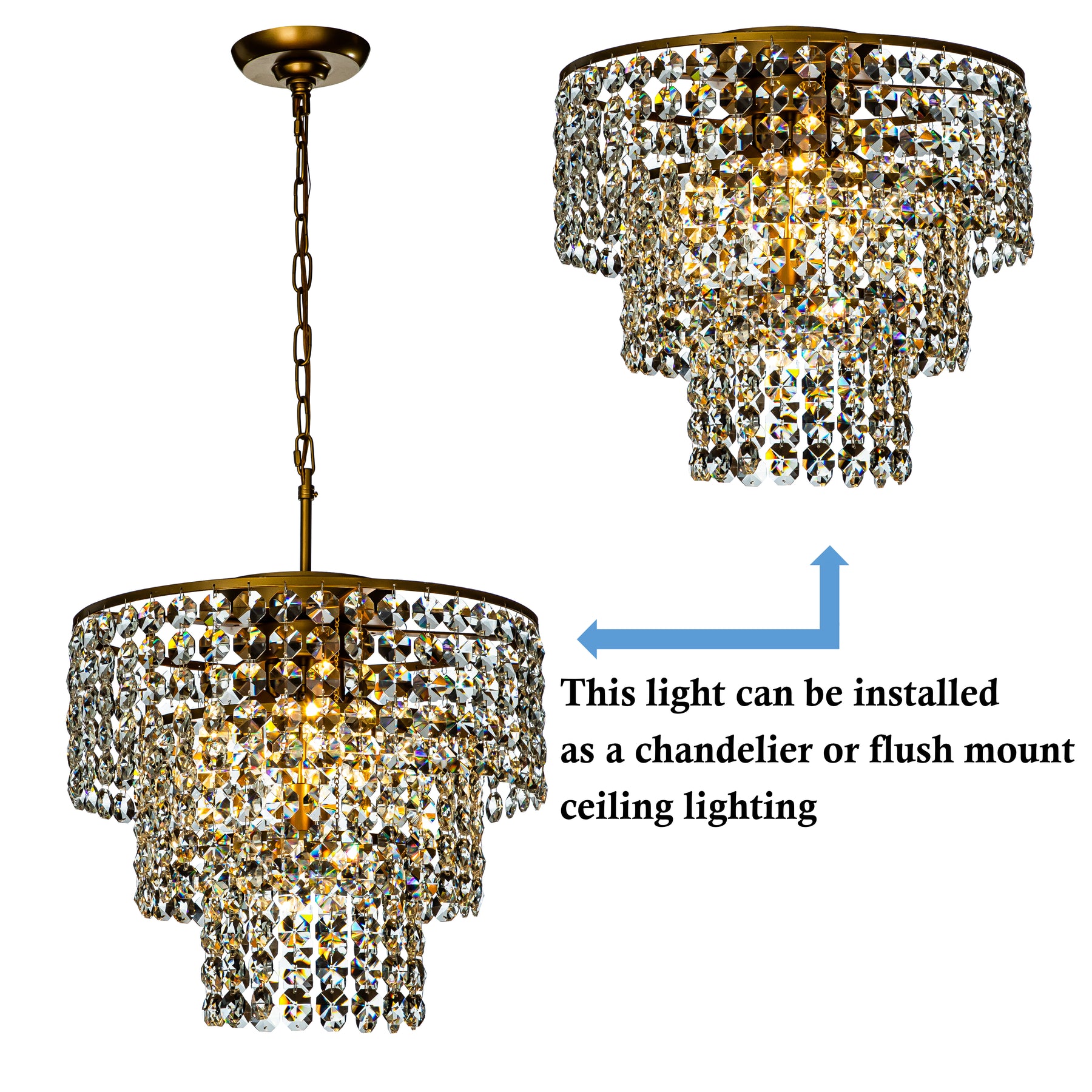 Open Box 5-Light Antique Gold Cone Shape Tiered Chandelier With Clear Crystals Beads
