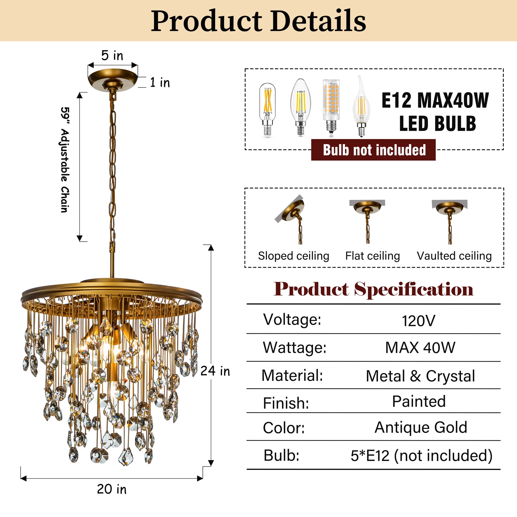 Modern Antique Gold Chandelier with Rain Drop Crystal
