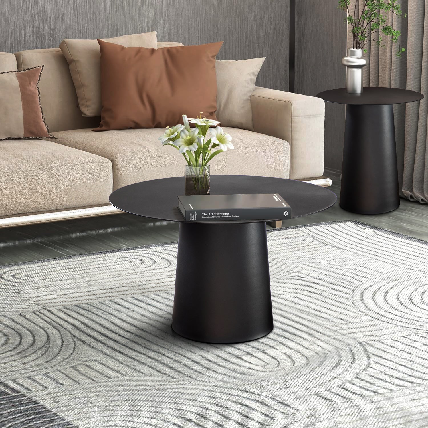 Mid Century Modern Metal Single Round Coffee Table-Black