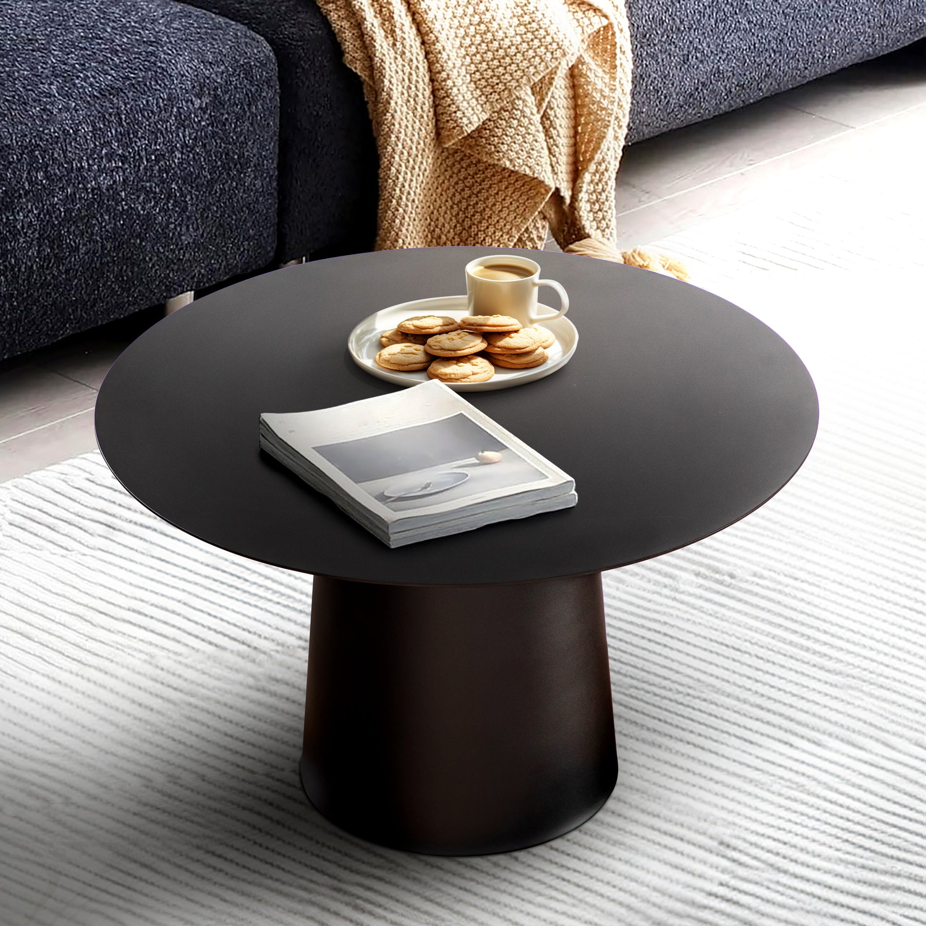 Mid Century Modern Metal Single Round Coffee Table-Black