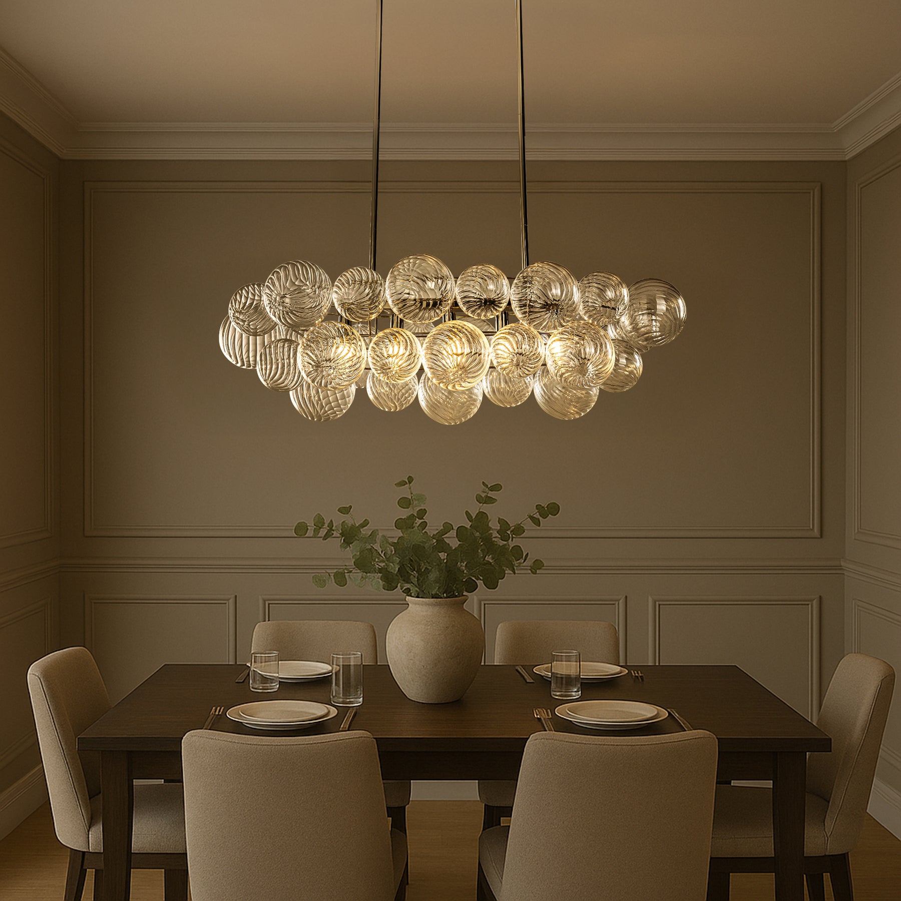 Glam 5-Light 43'' Modern Dining Room Chandelier with Hand-Blown Textured Clear Glass Globes and Chrome Finish