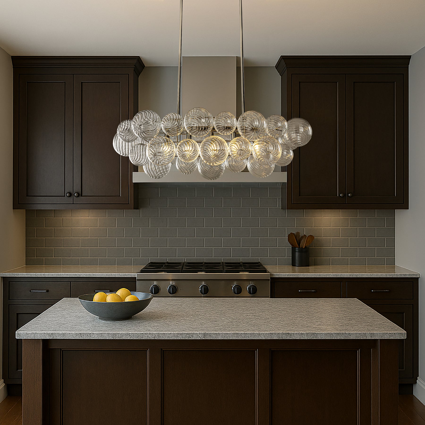 Glam 5-Light 43'' Modern Dining Room Chandelier with Hand-Blown Textured Clear Glass Globes and Chrome Finish