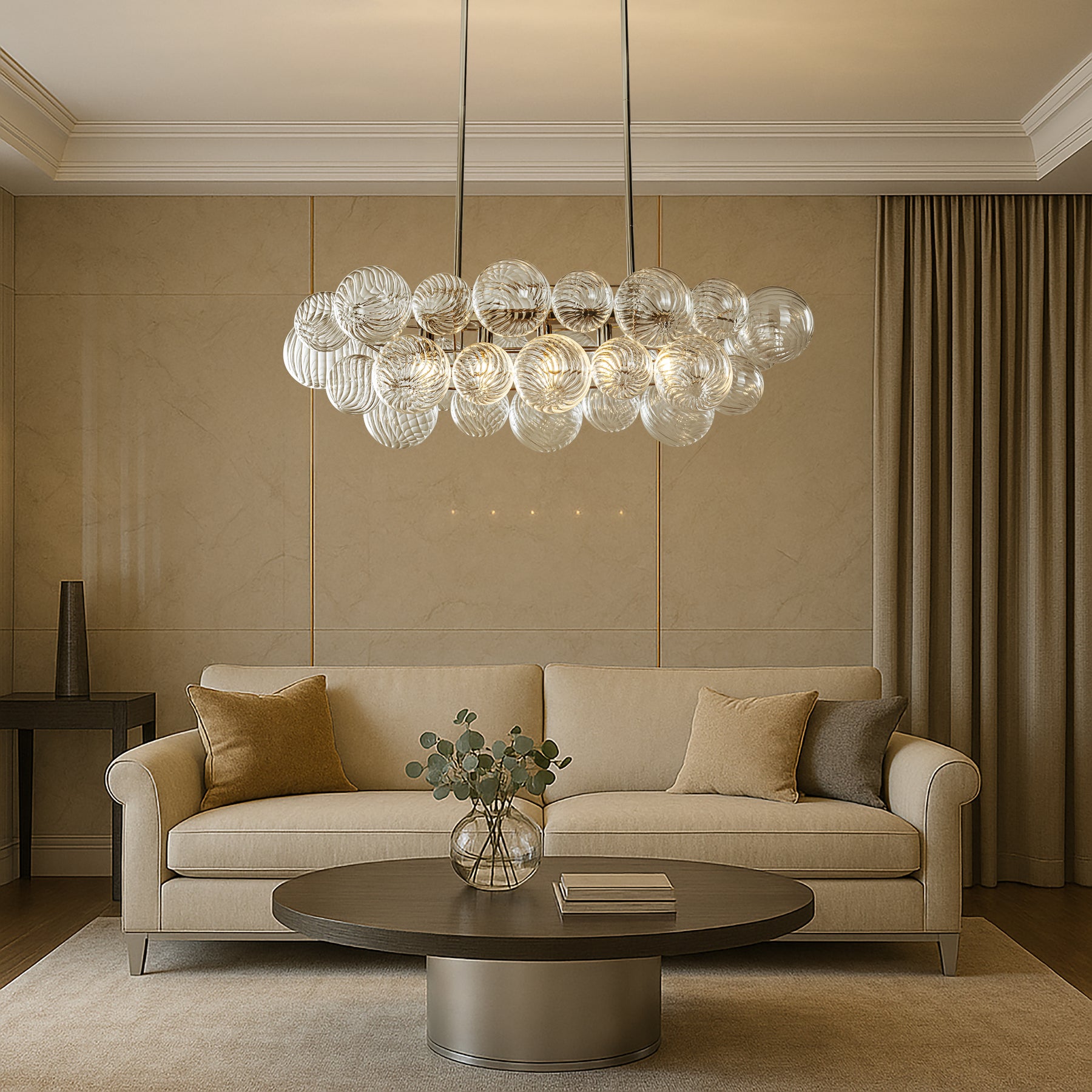Glam 5-Light 43'' Modern Dining Room Chandelier with Hand-Blown Textured Clear Glass Globes and Chrome Finish