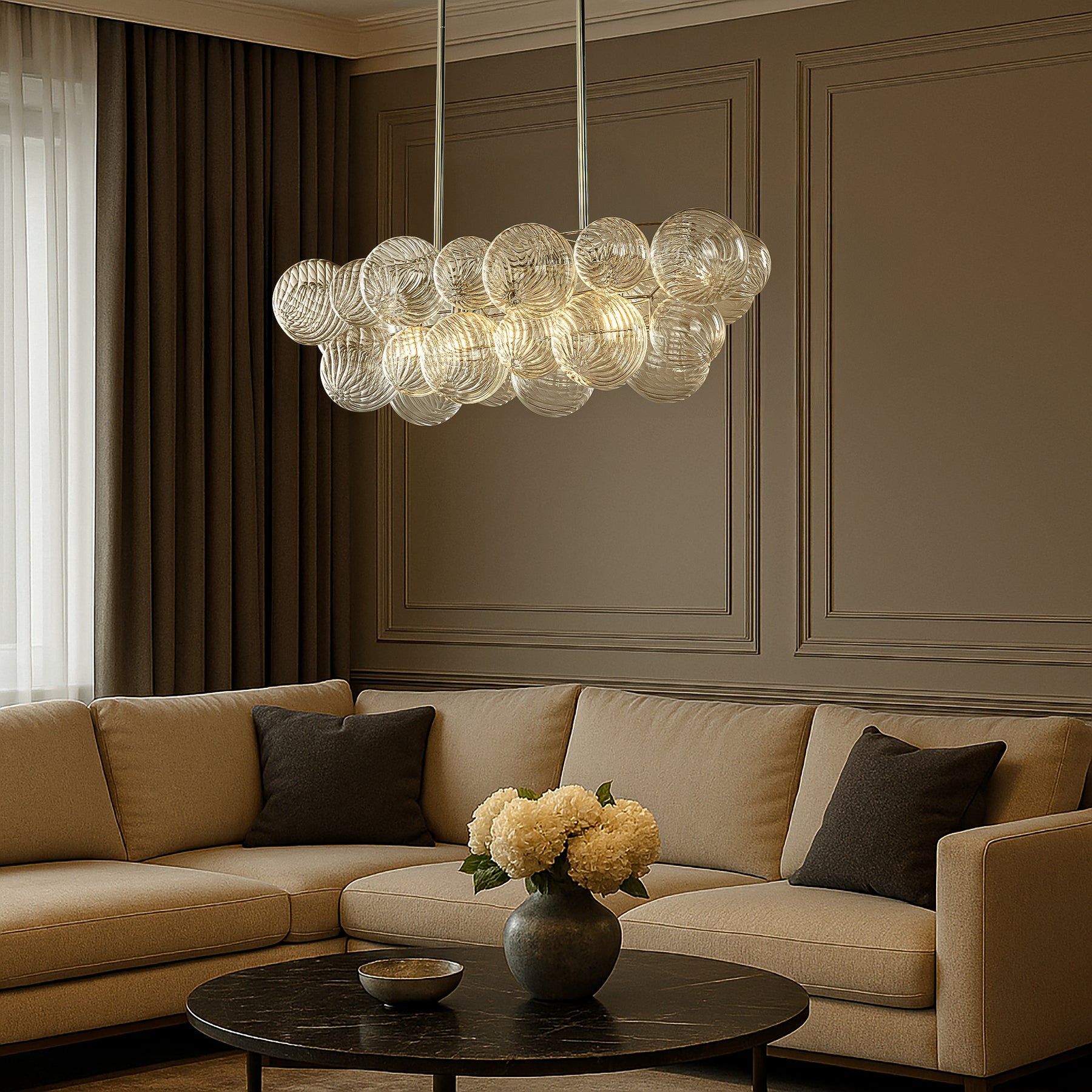 Glam 5-Light 43'' Modern Dining Room Chandelier with Hand-Blown Textured Clear Glass Globes and Chrome Finish