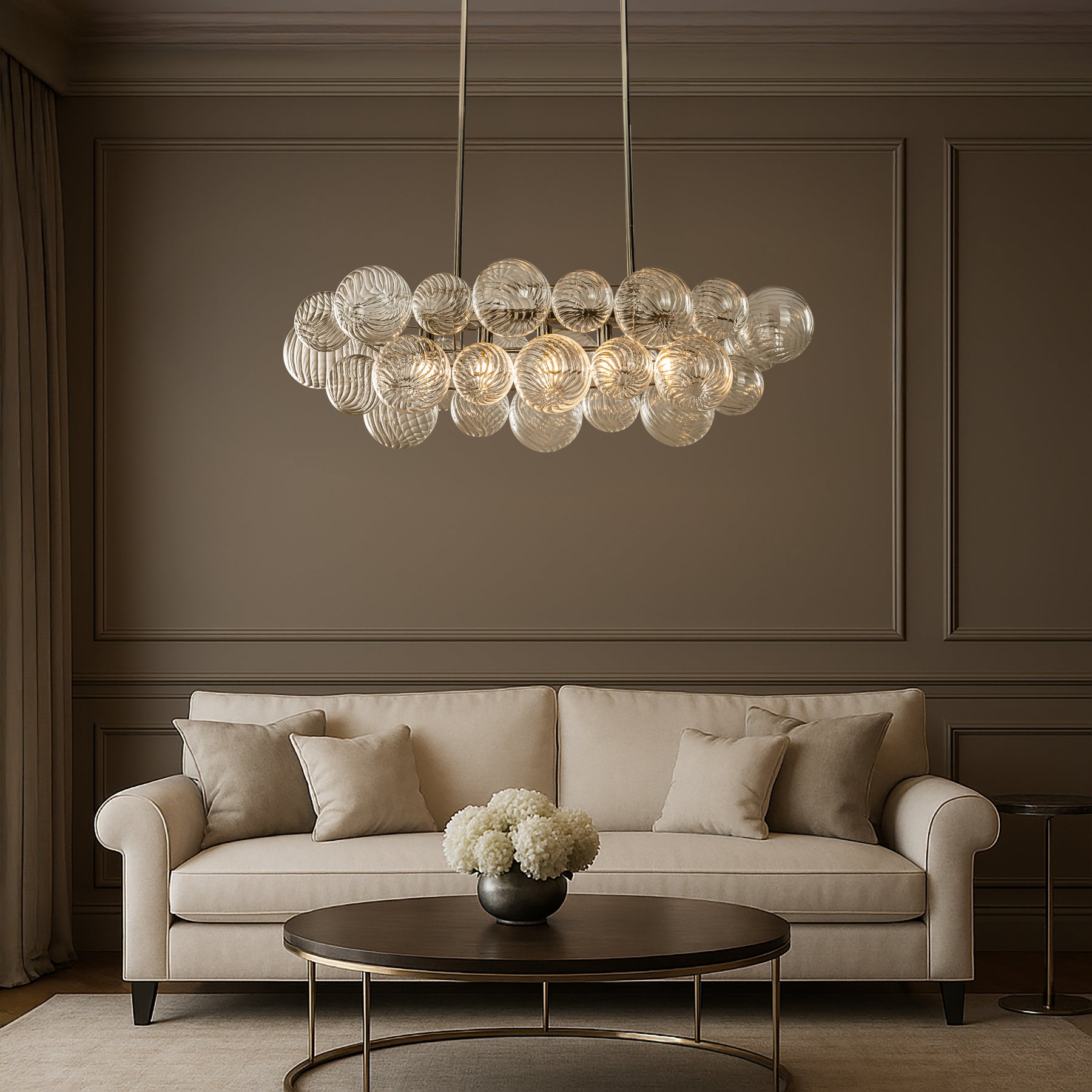 Glam 5-Light 43'' Modern Dining Room Chandelier with Hand-Blown Textured Clear Glass Globes and Chrome Finish