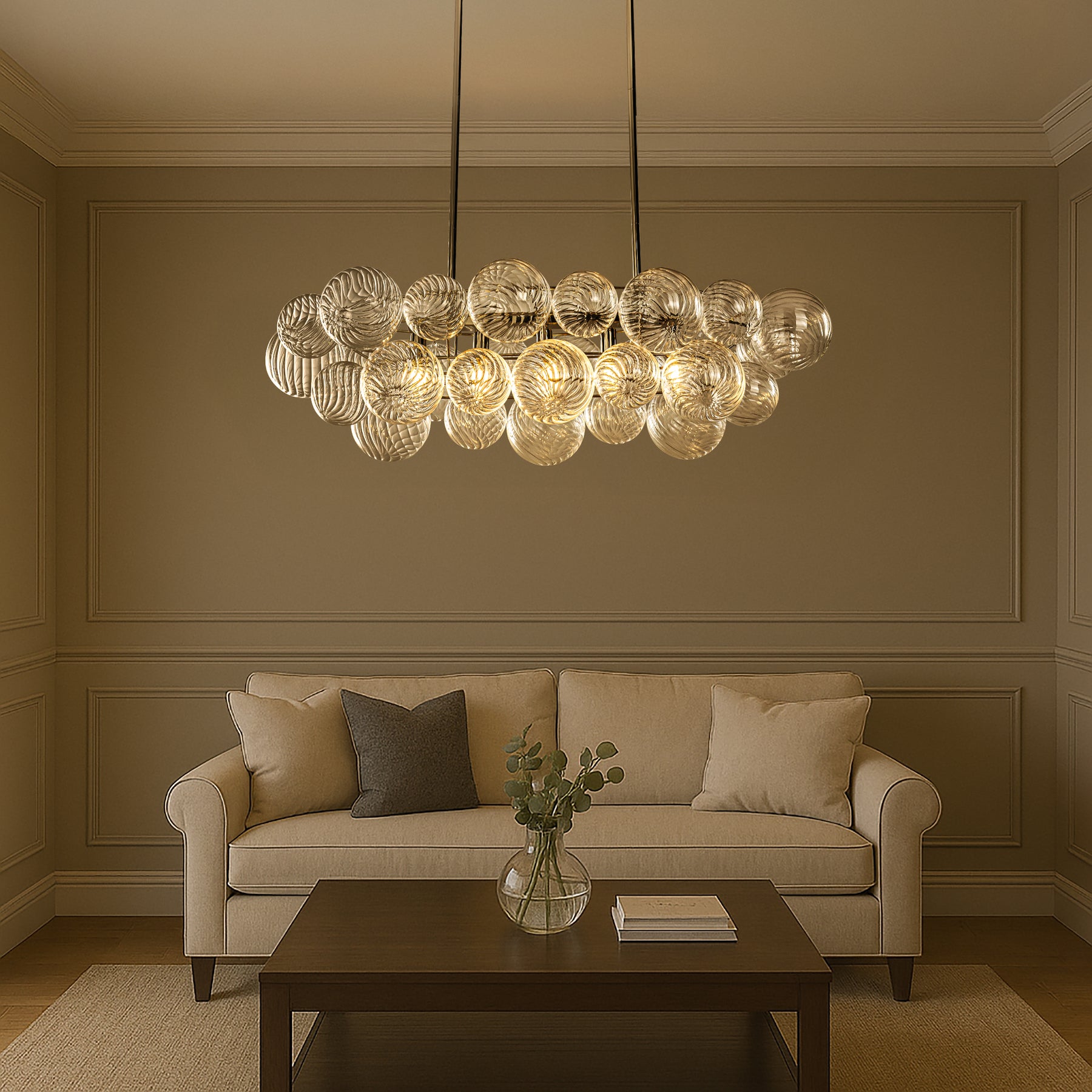 Glam 5-Light 43'' Modern Dining Room Chandelier with Hand-Blown Textured Clear Glass Globes and Chrome Finish
