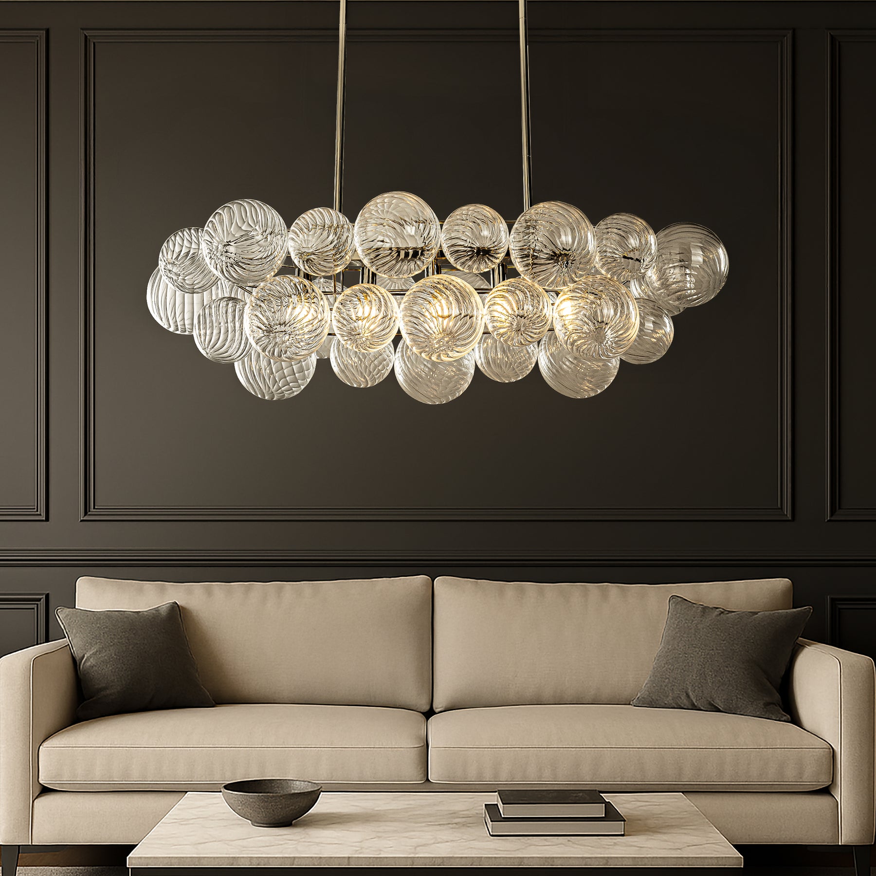 Glam 5-Light 43'' Modern Dining Room Chandelier with Hand-Blown Textured Clear Glass Globes and Chrome Finish