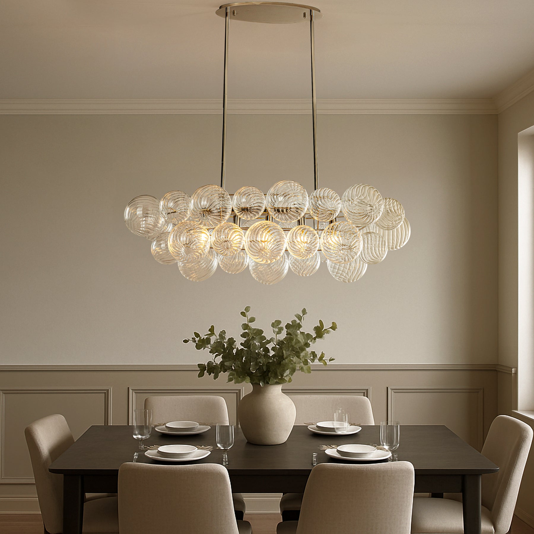 Glam 5-Light 43'' Modern Dining Room Chandelier with Hand-Blown Textured Clear Glass Globes and Chrome Finish