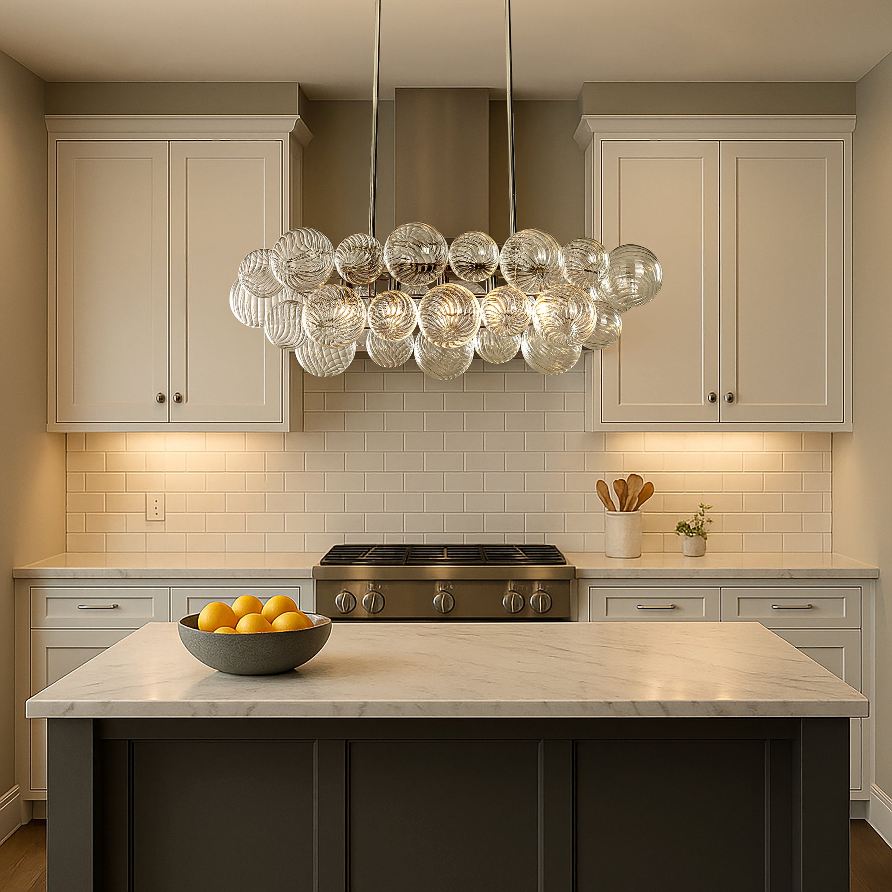 Glam 5-Light 43'' Modern Dining Room Chandelier with Hand-Blown Textured Clear Glass Globes and Chrome Finish