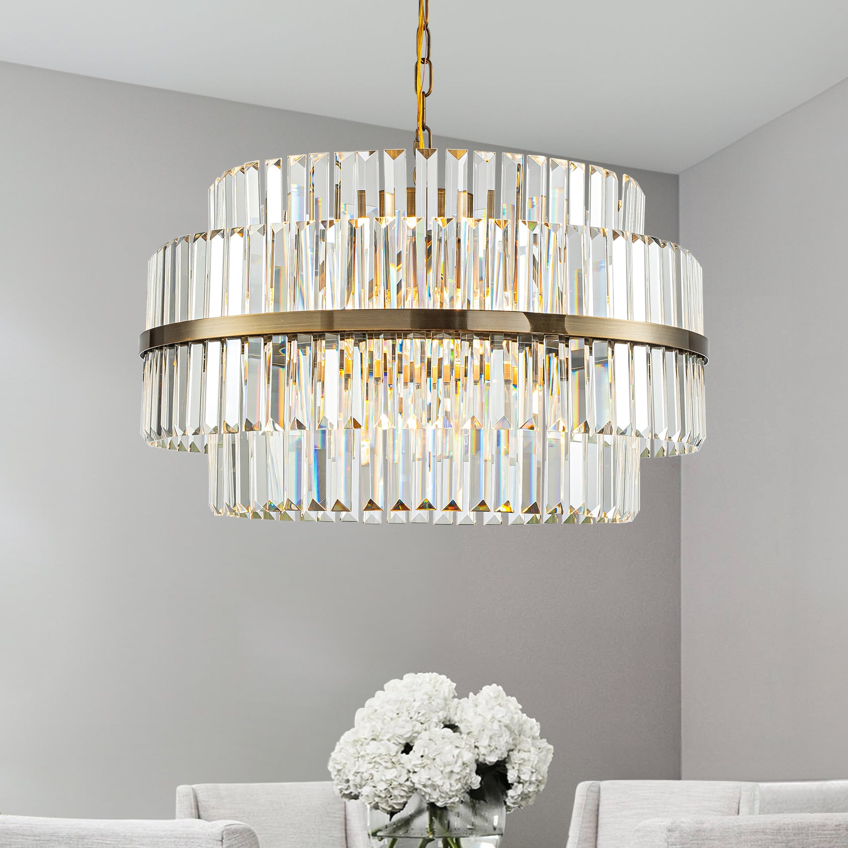 6-Light Modern Antique Brass Round Tiered Chandelier Dimmable Crystal Dining Room Lights