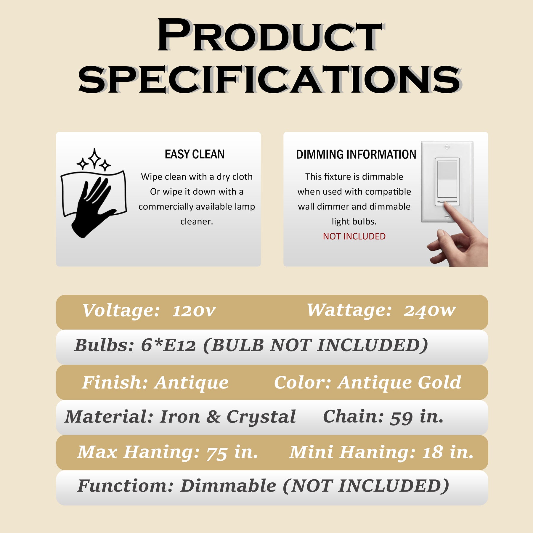 6-Light Modern Antique Brass Round Tiered Chandelier Dimmable Crystal Dining Room Lights