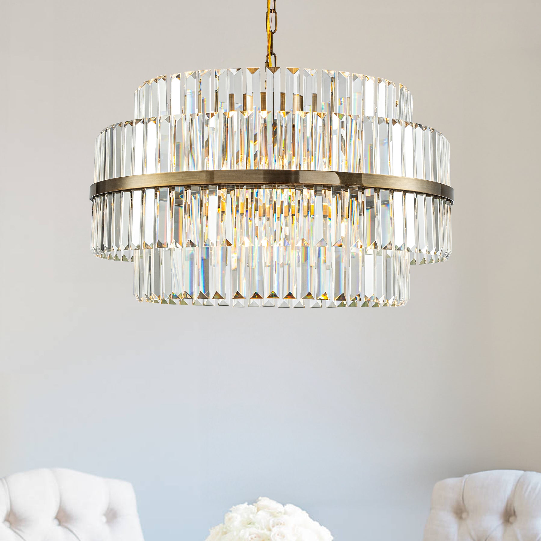6-Light Modern Antique Brass Round Tiered Chandelier Dimmable Crystal Dining Room Lights