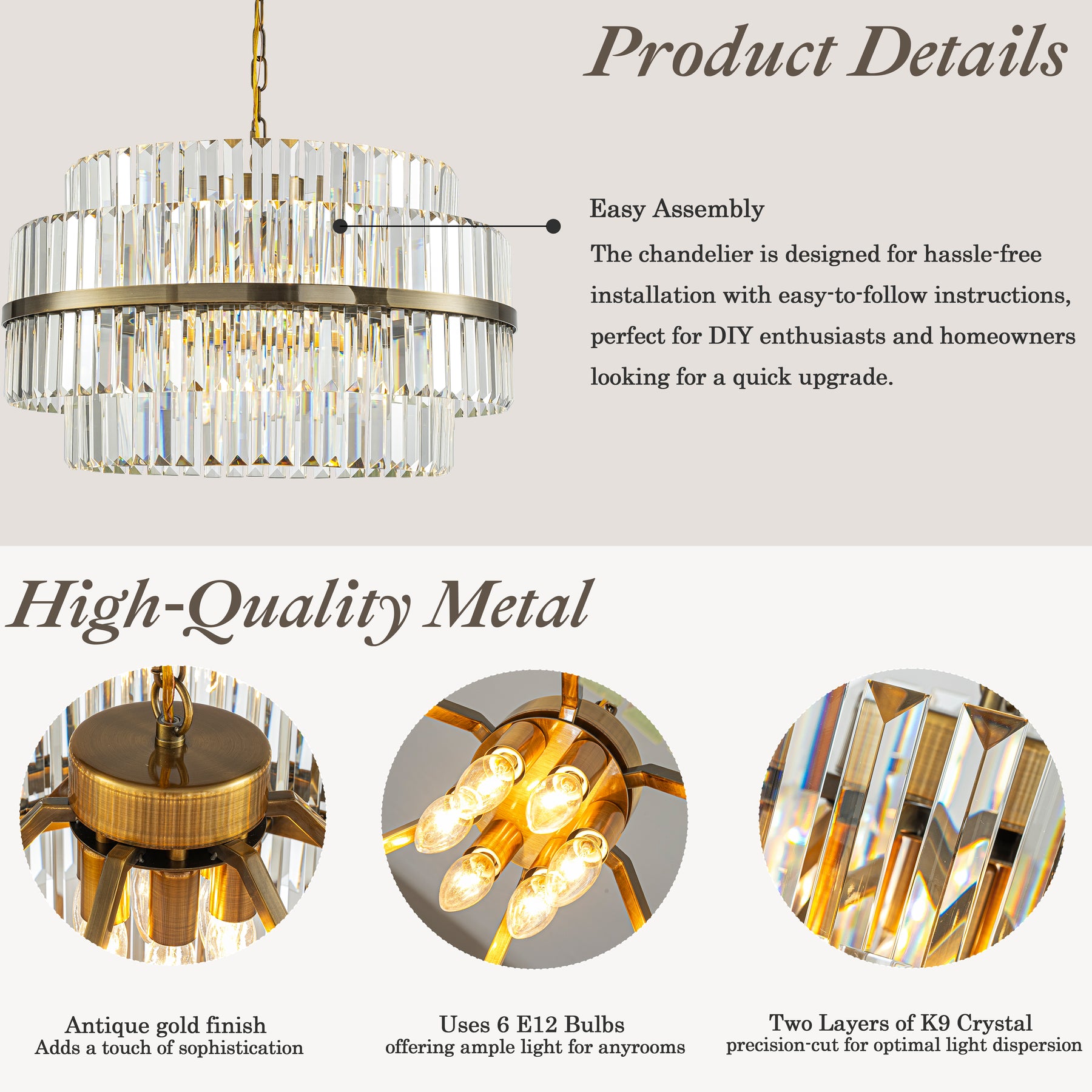 6-Light Modern Antique Brass Round Tiered Chandelier Dimmable Crystal Dining Room Lights