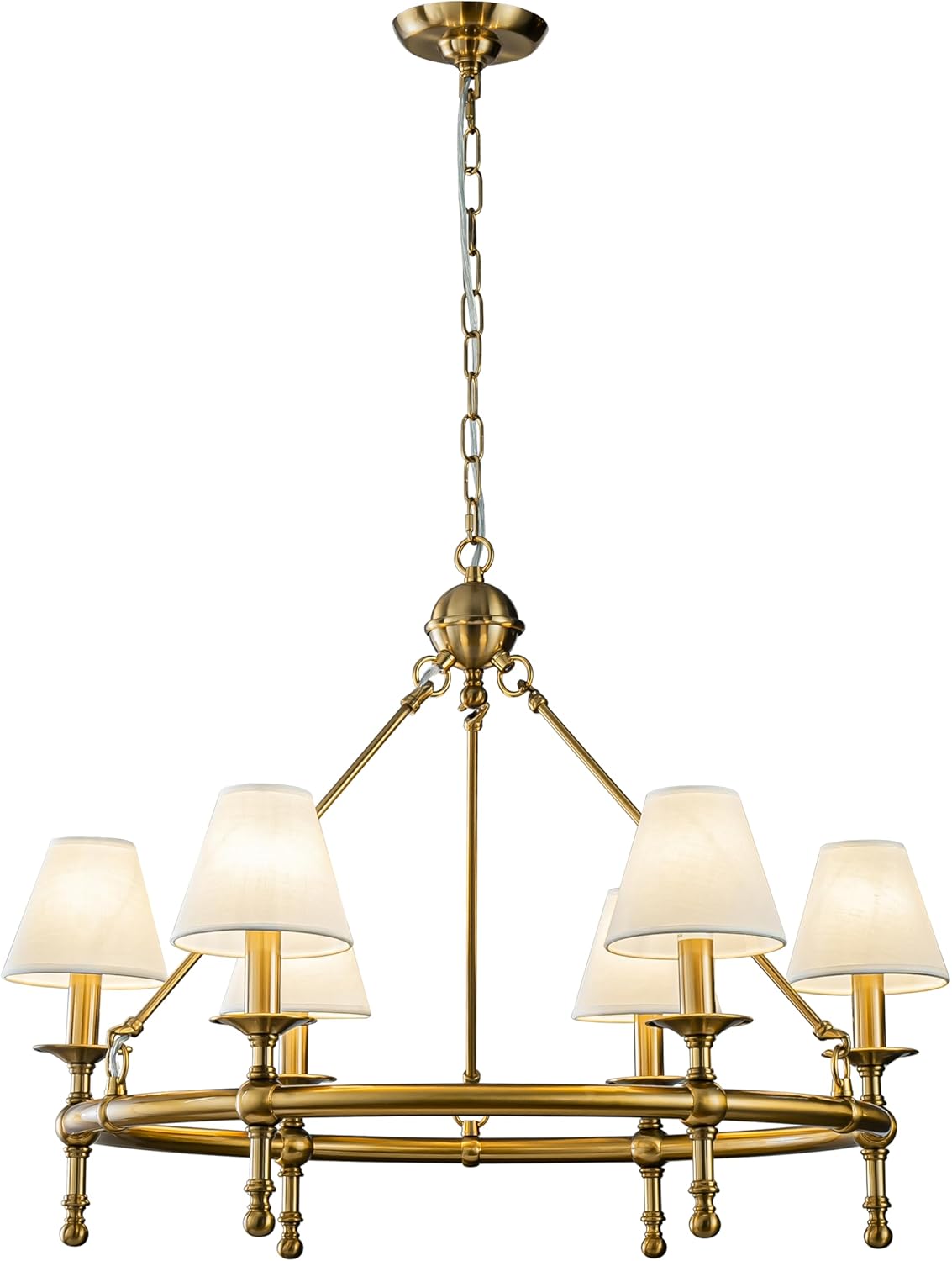 6 Lights W34 Vintage Brass and White Pleated Fabric Chandeliers for Dining Room