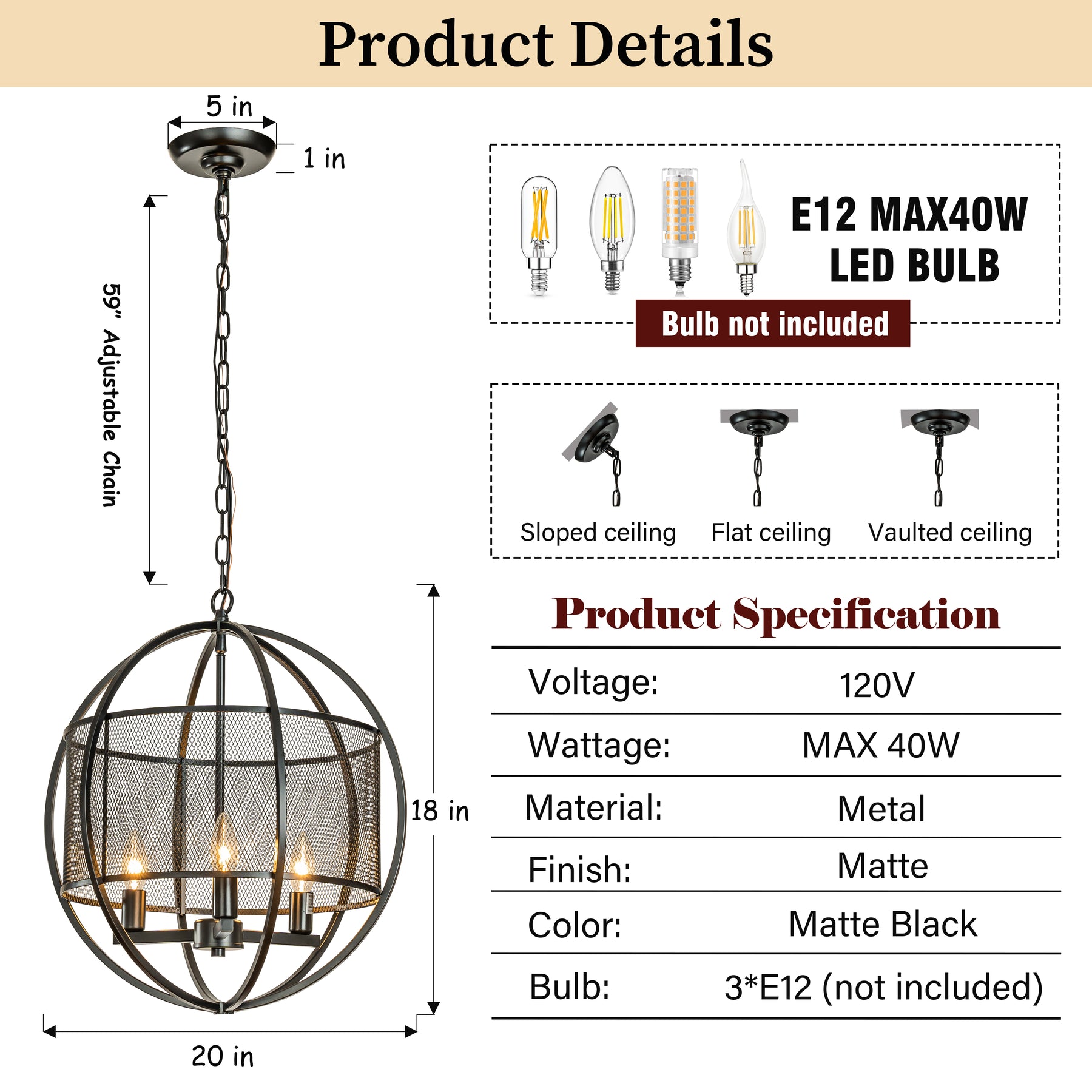 Industrial Globe Chandelier with Caged Metal Shade