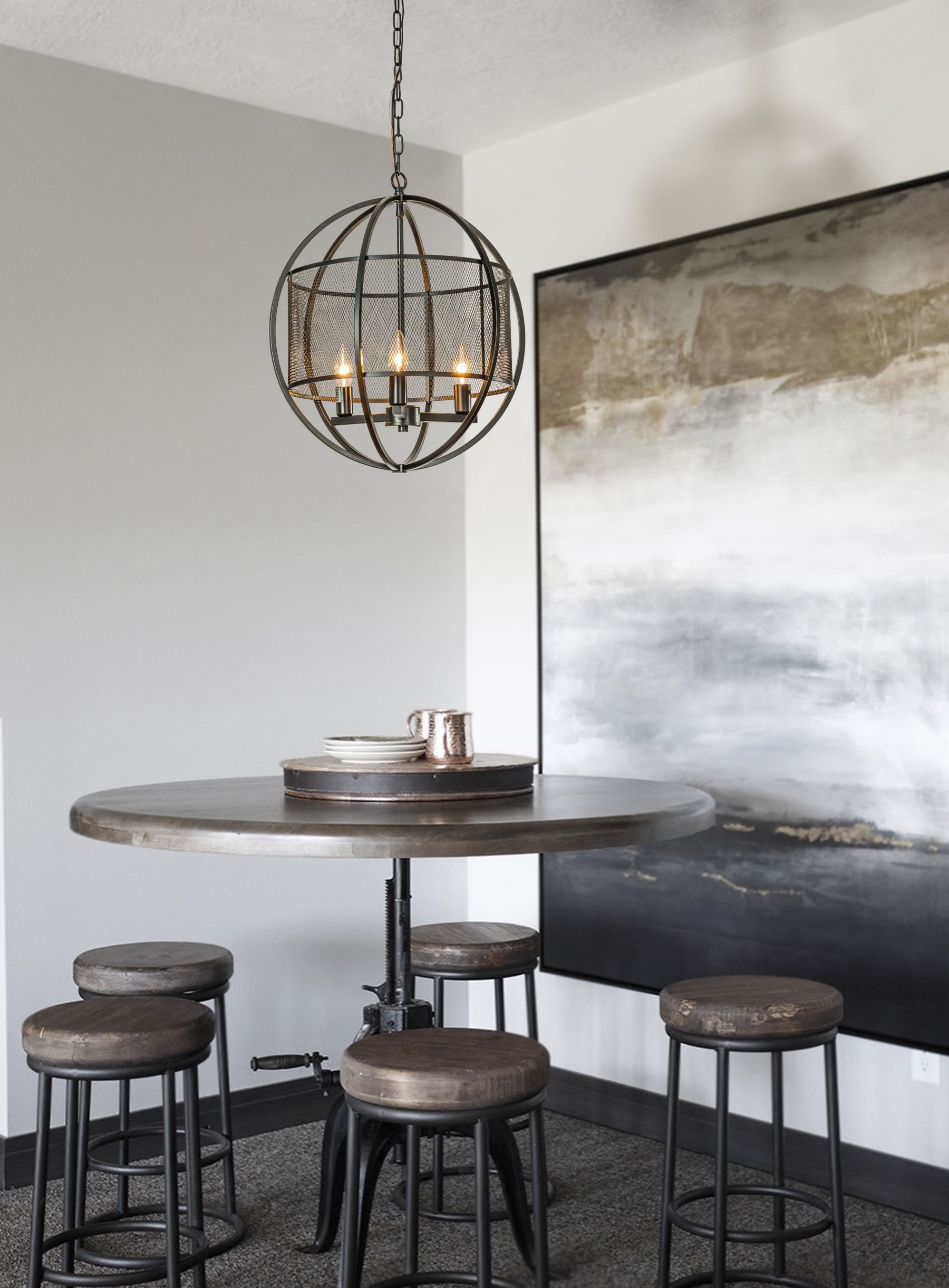 Industrial Globe Chandelier with Caged Metal Shade