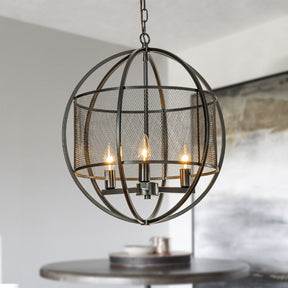 Industrial Globe Chandelier with Caged Metal Shade