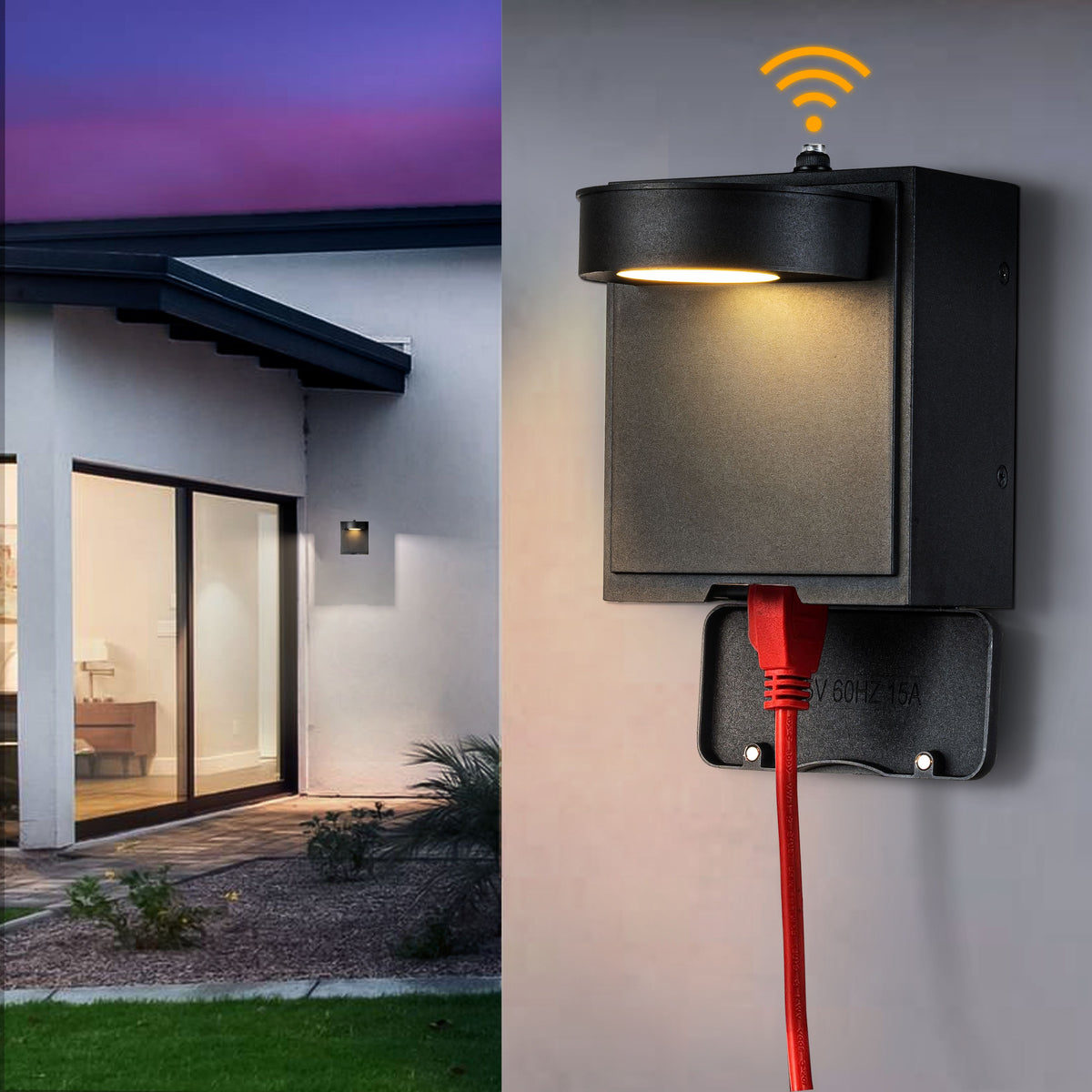 OPEN BOX-Black LED Wall Lantern with Dusk-to-Dawn Sensor and GFCI Outlets
