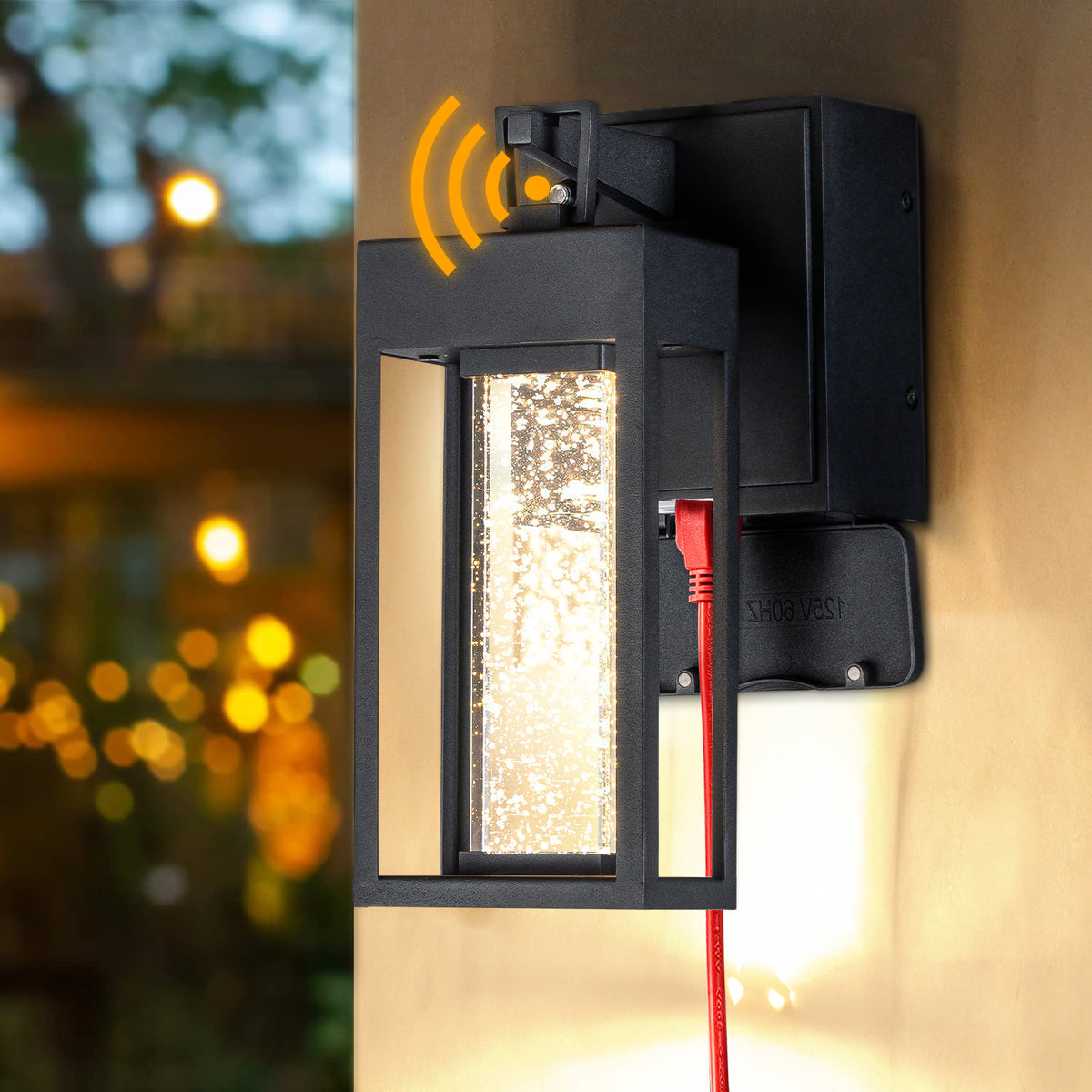 OPEN BOX-LED Outdoor Black Dusk-to-Dawn Wall Lantern with Seeded Glass and GFCI Outlets