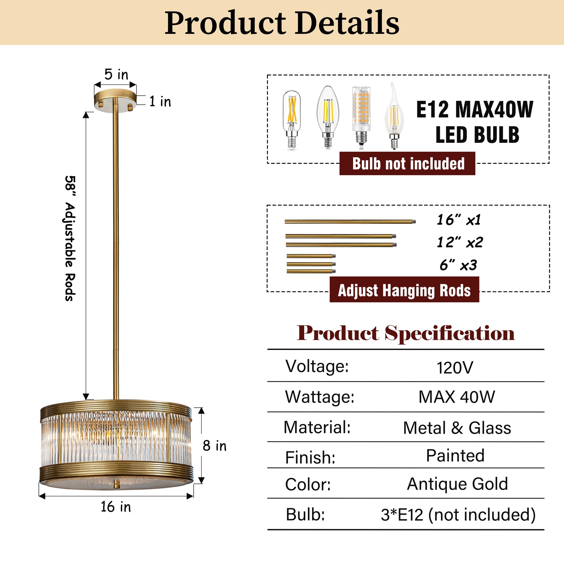 OPEN BOX-Mid-Century Modern Drum Chandlier in antique gold with Ribbed Glass Cylinder