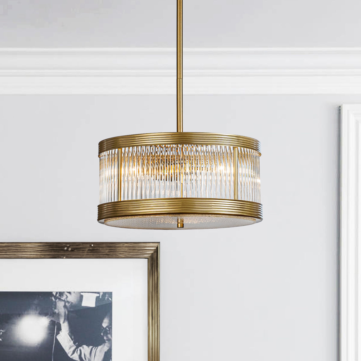 OPEN BOX-Mid-Century Modern Drum Chandlier in antique gold with Ribbed Glass Cylinder