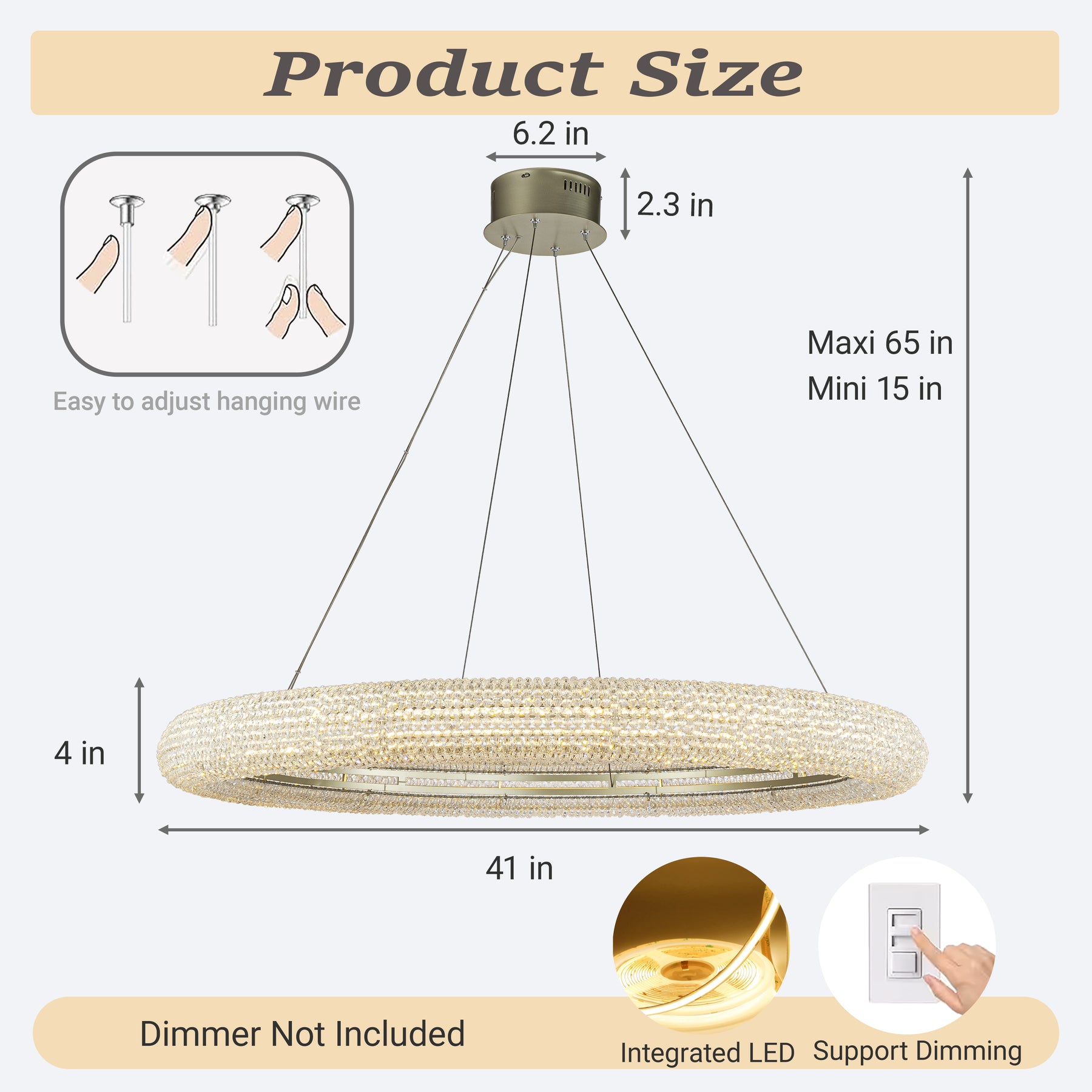 41'' Modern Silver Round LED Intergrated Crystal Chandelier Dimmable Glam Halo Hanging Light For Dining Room Living Room