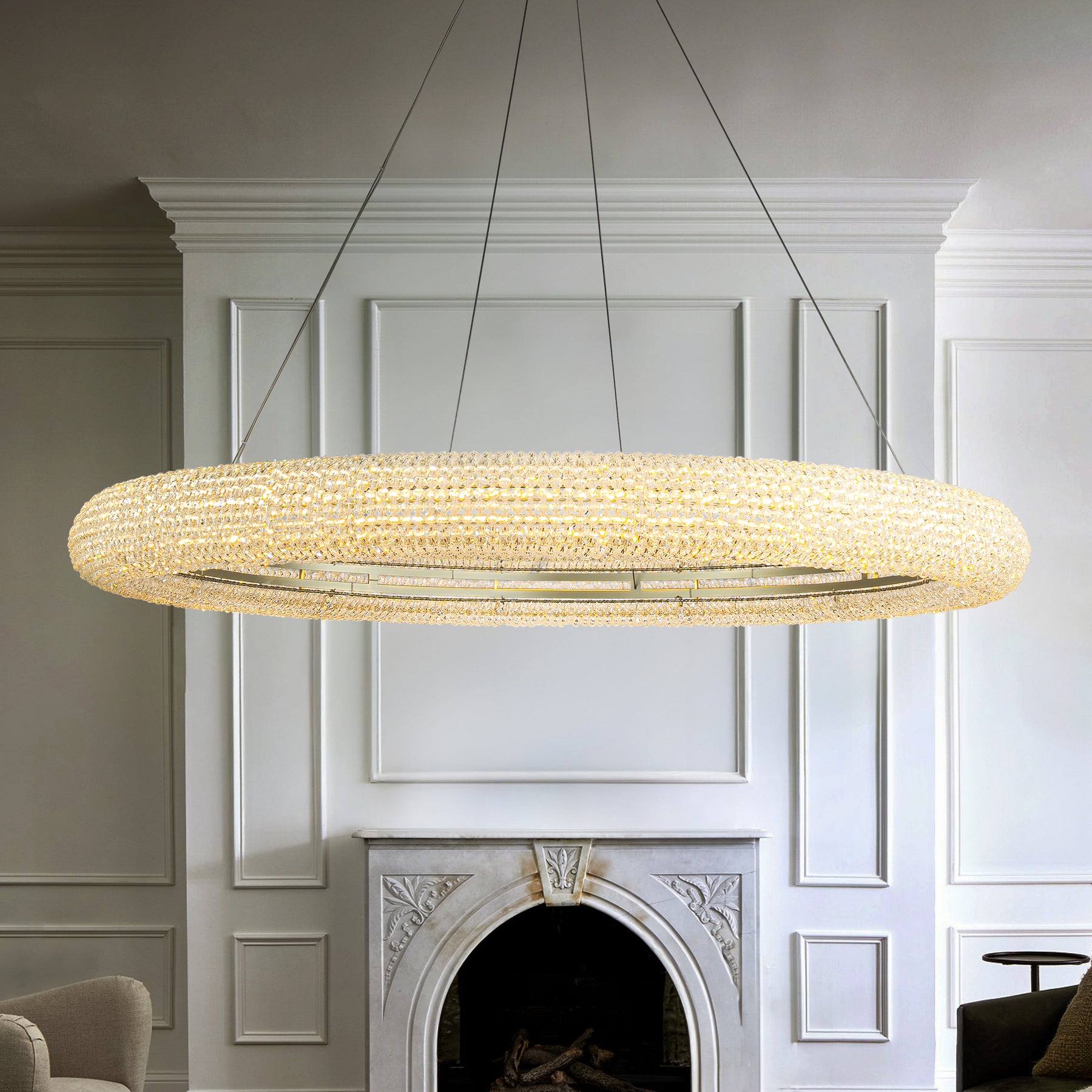 41'' Modern Silver Round LED Intergrated Crystal Chandelier Dimmable Glam Halo Hanging Light For Dining Room Living Room
