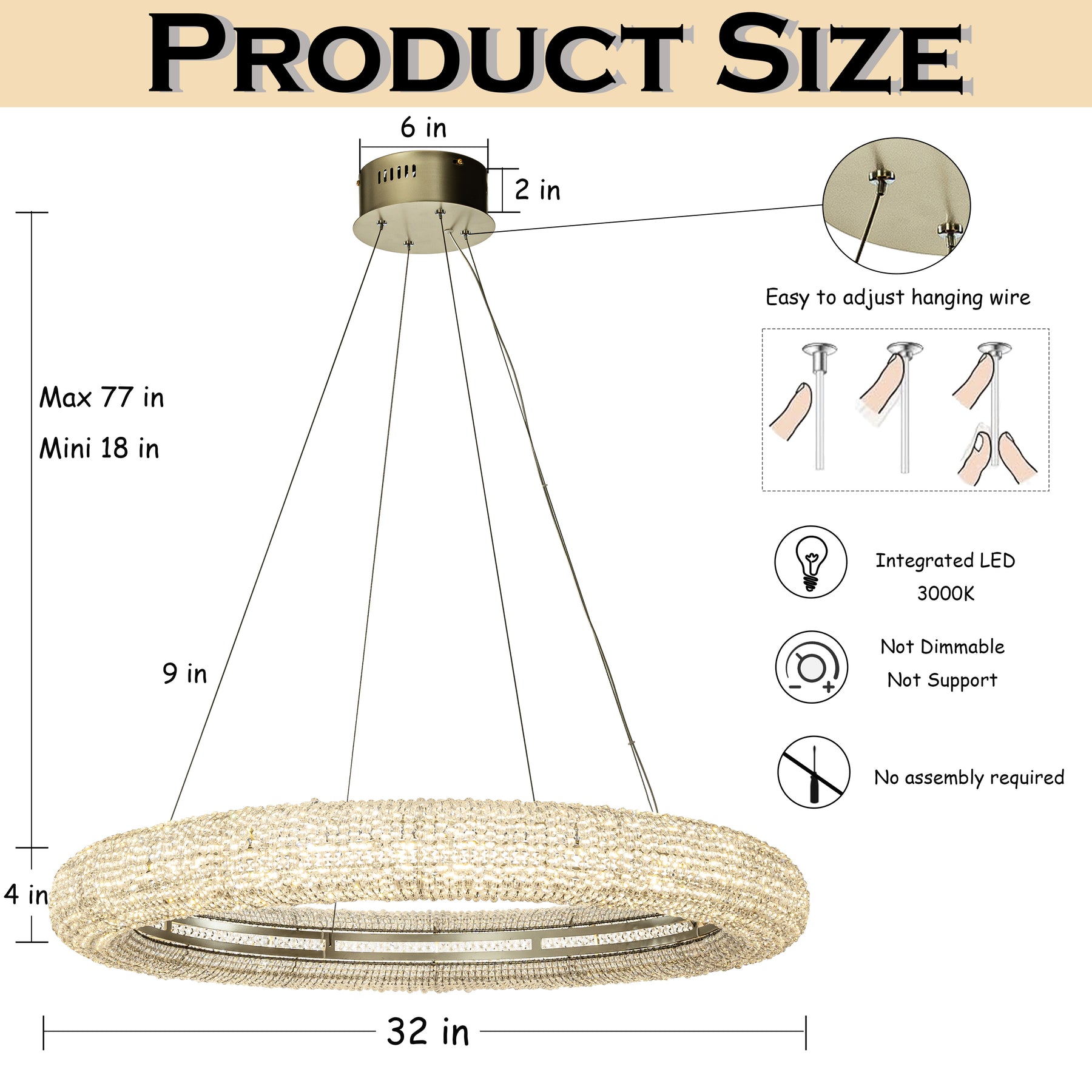 32 in. Contemporary LED Ring Chandelier in Soft Gold with Crystal Beads Accents