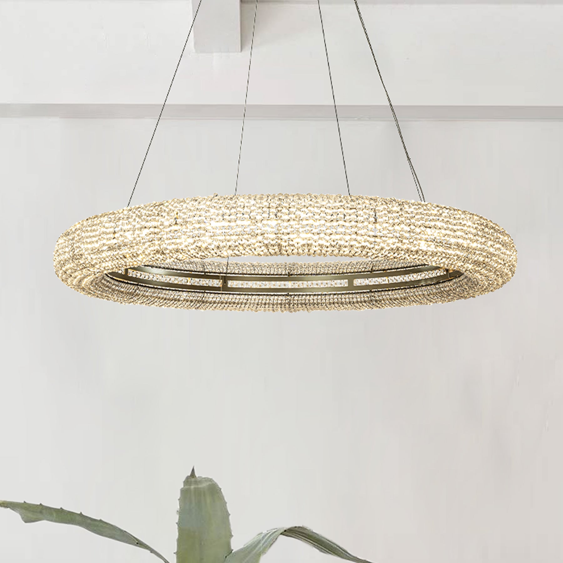 32 in. Contemporary LED Ring Chandelier in Soft Gold with Crystal Beads Accents