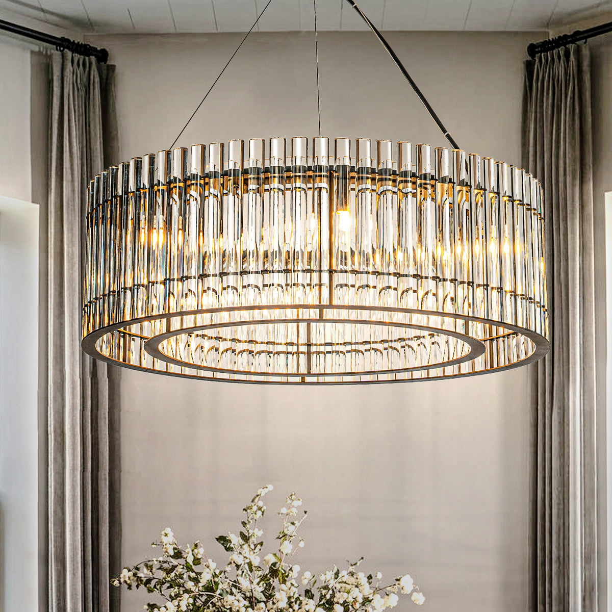 Modern Matte Black 2-Tier Chandelier with Glass Rods