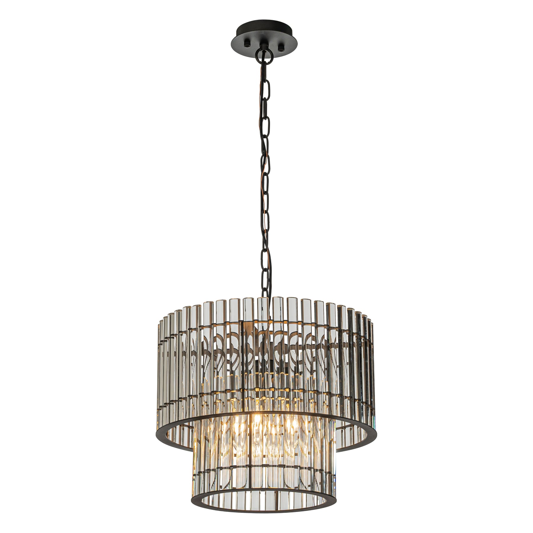 4-Light Modern Luxury Matte Black 2-Tier Round Chandelier 16'' With Glass Rods Accent