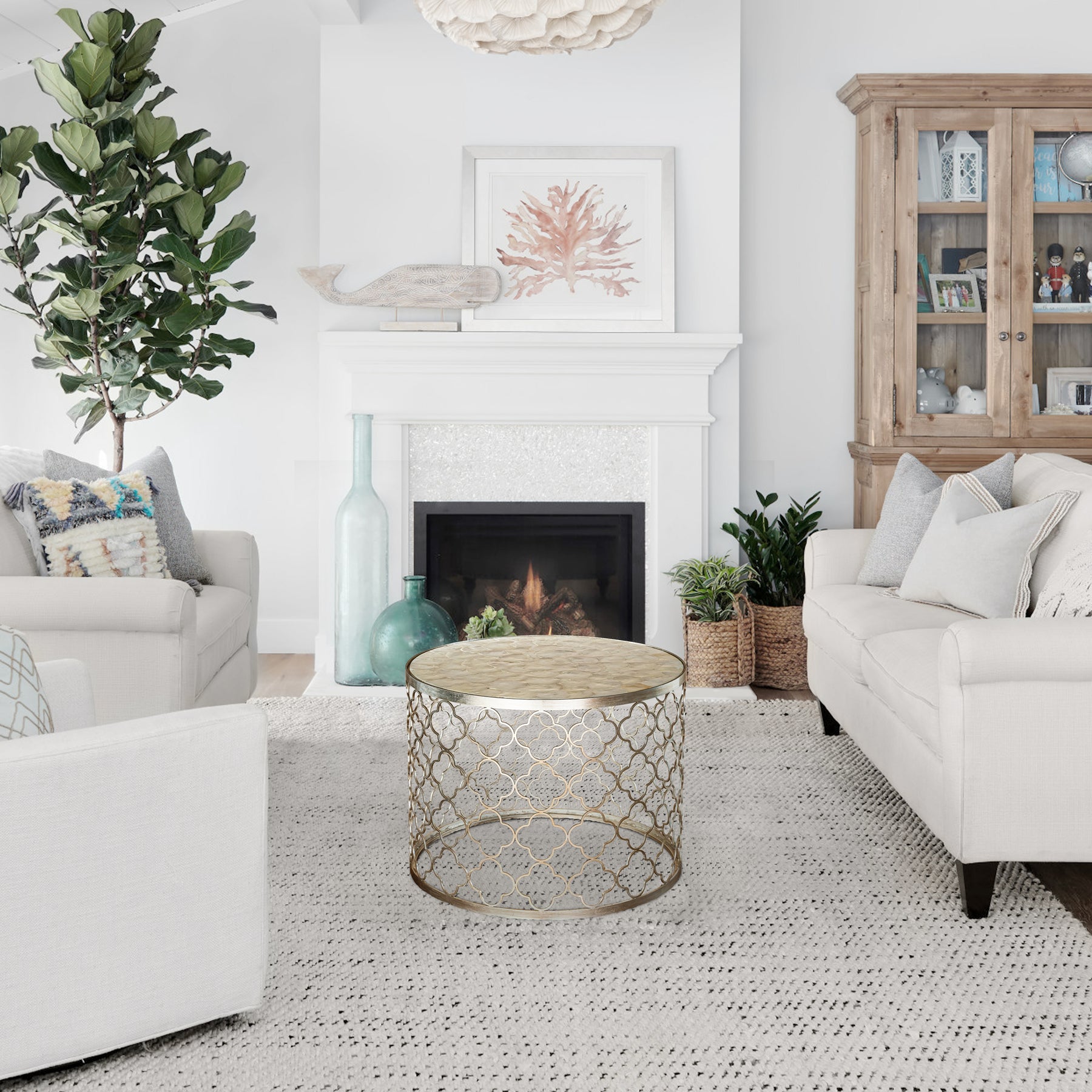 Natural Capiz Seashell Round Coffee Table in Silver