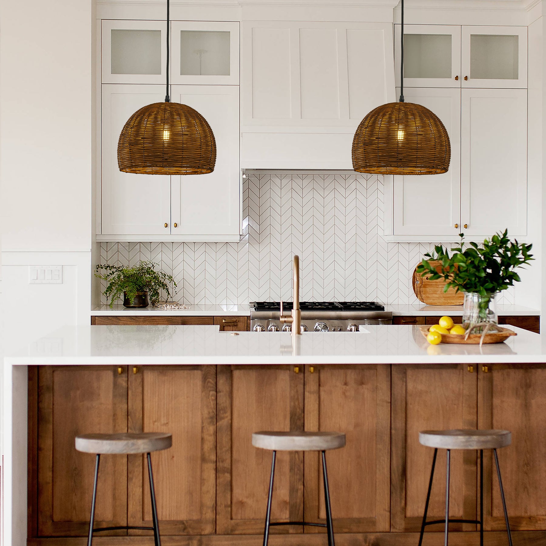 1-Light 12" Farmhouse Brown and Black Natural Rattan Dome Pendant Light with Handmade Bamboo Shade for Kitchen Island