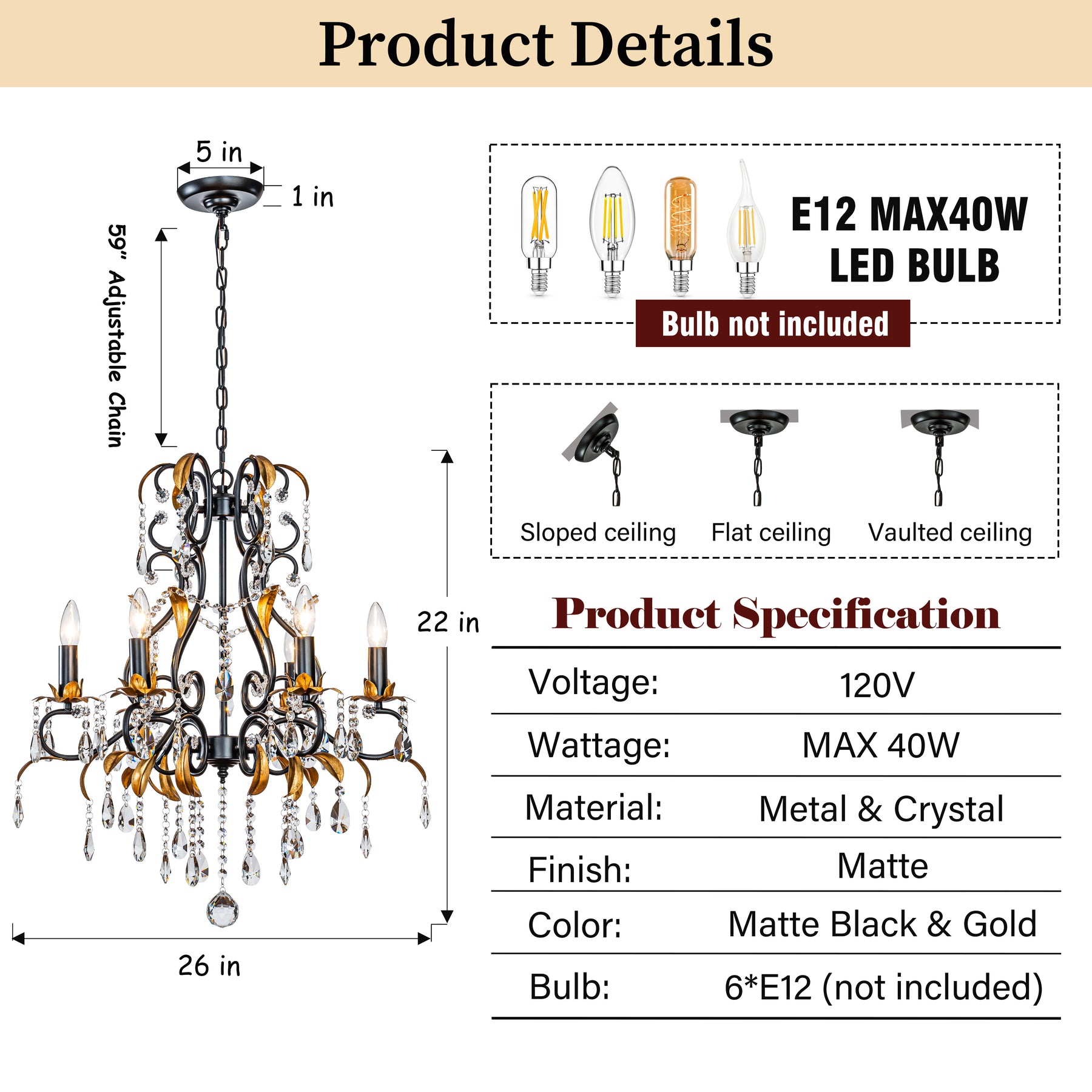 French Style Crystal Chandelier in Matte Black and Antique Gold