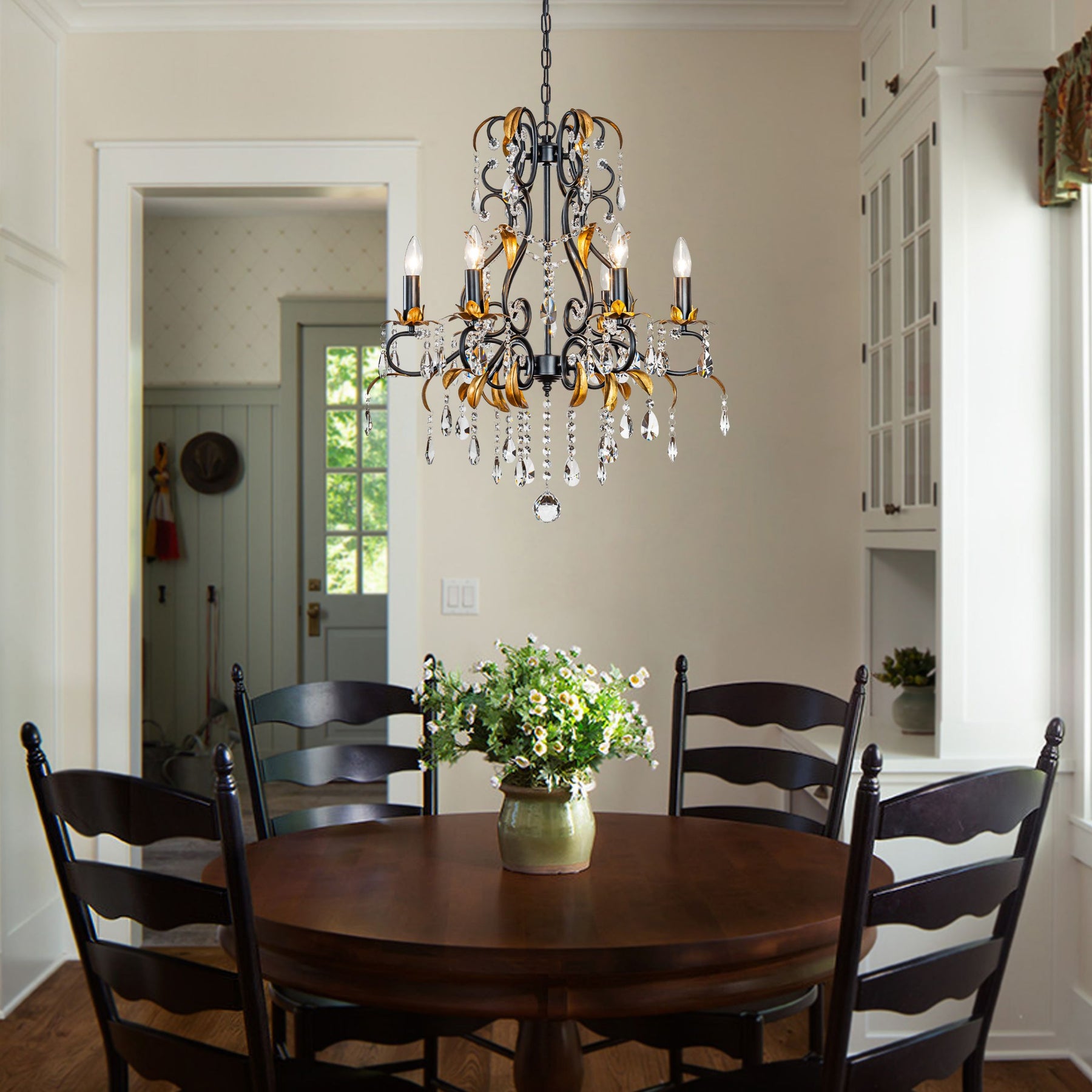 French Style Crystal Chandelier in Matte Black and Antique Gold