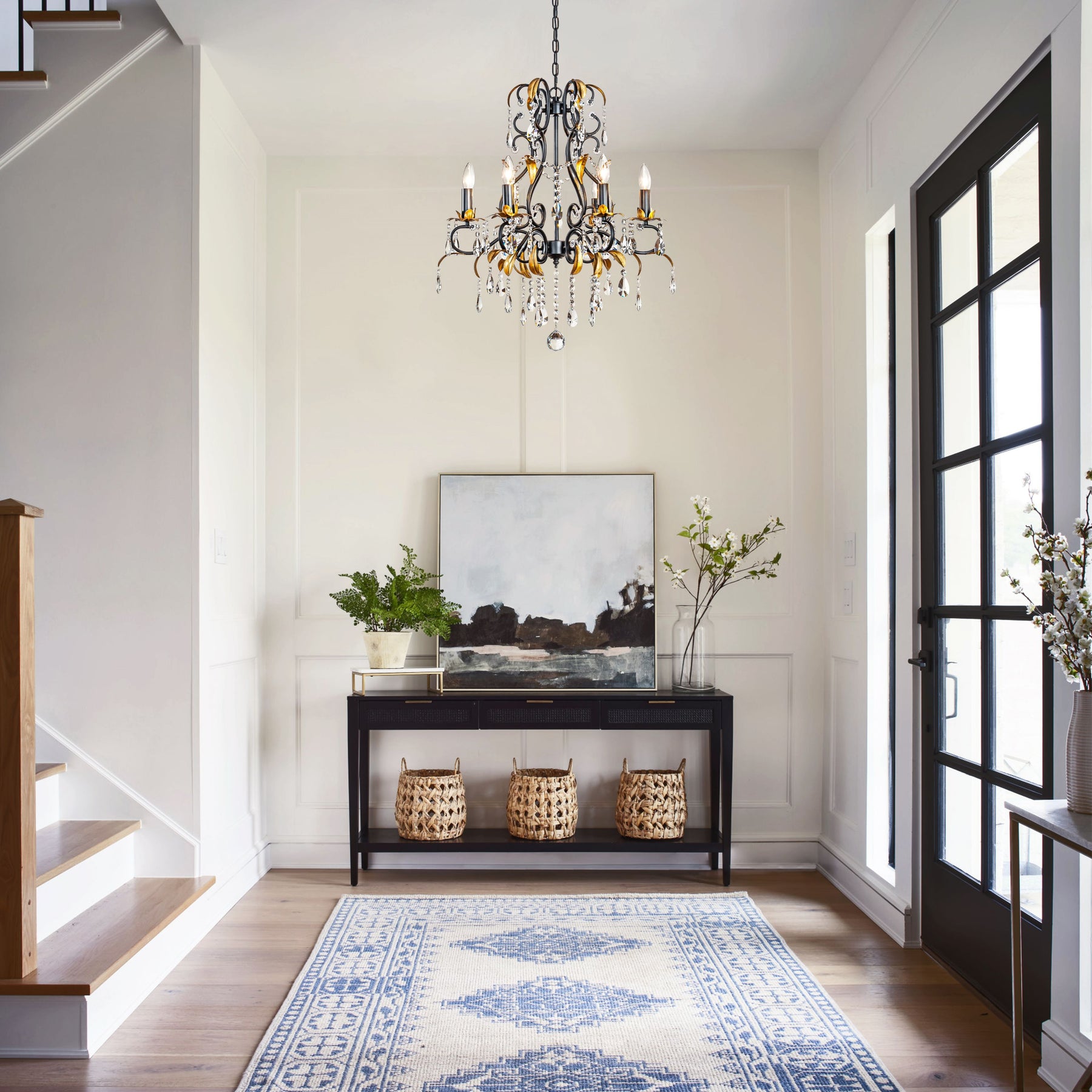 French Style Crystal Chandelier in Matte Black and Antique Gold